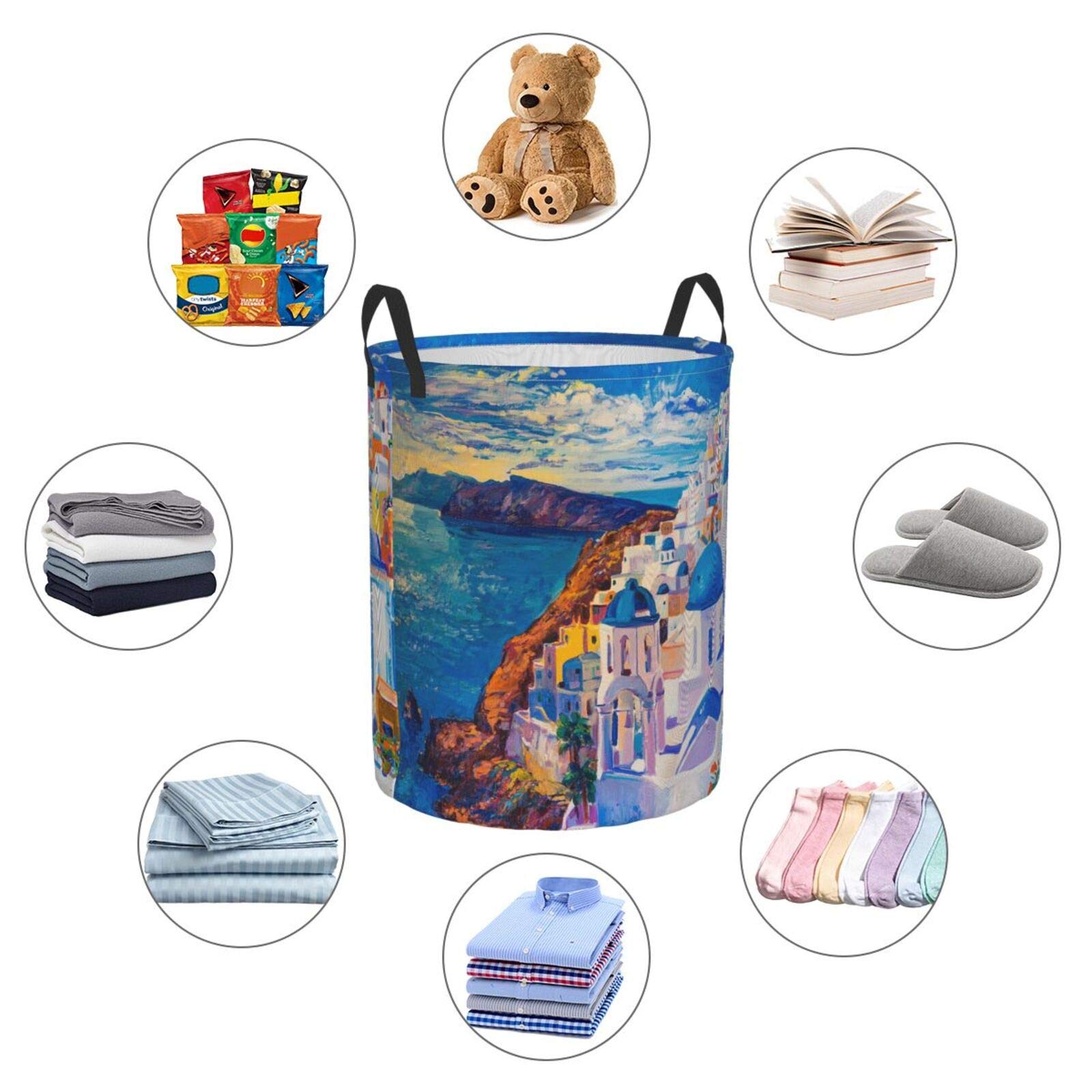 Beautiful Santorini Oil Painting Collapsible Laundry Basket with Handle - Waterproof Fabric Hamper for Clothes, Toys & Bathroom Storage - Large Organizer Bin for Dirty Laundry (Perfect for Home, Dorm & Travel Use)