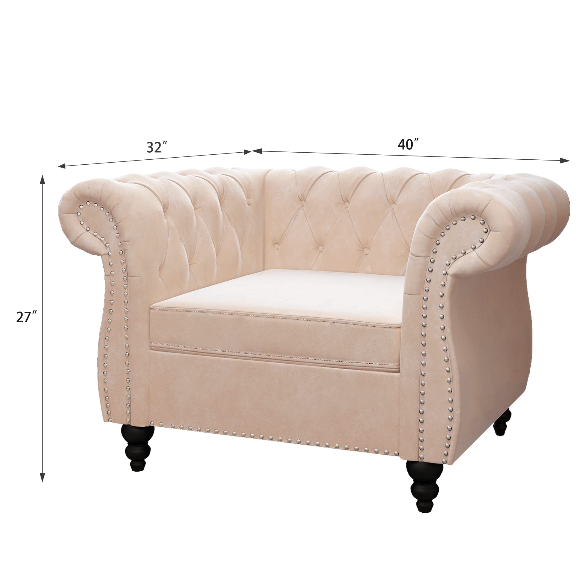 RARZOE Contemporary Velvet Chesterfield Chair - Tufted Button Accent Chair with Scrolled Arms & Nailhead Trim - Luxurious Velvet Upholstery for Living Room, Bedroom, Office - Perfect for Home Decor, Reading Nook & Cozy Sitting Area (Beige)