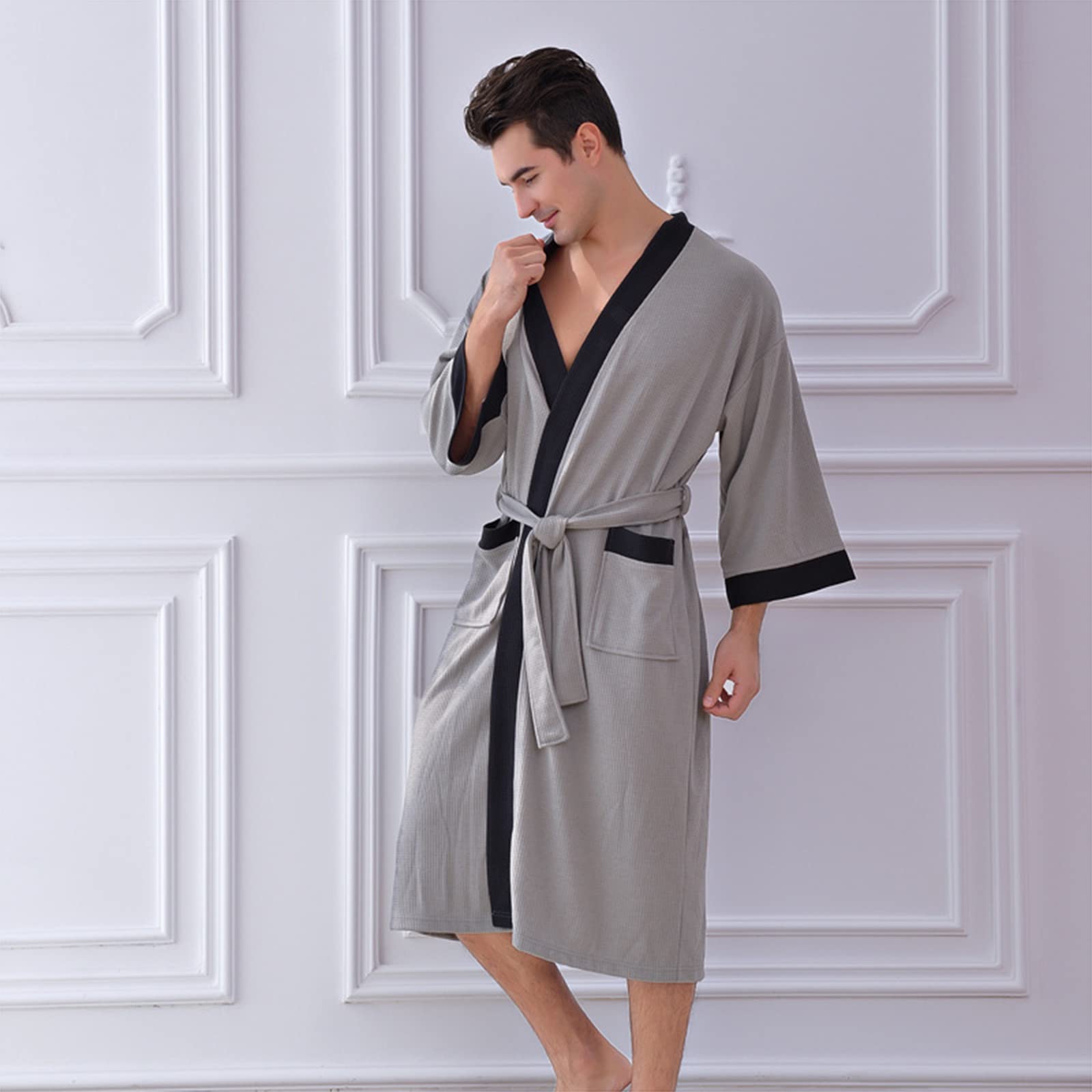 Men's Soft Knit Waffle Bathrobe - Long Sleeve Kimono Spa Robe for Adults - Cozy Hotel Style Nightgown for Relaxation at Home & Luxury Spa Retreats