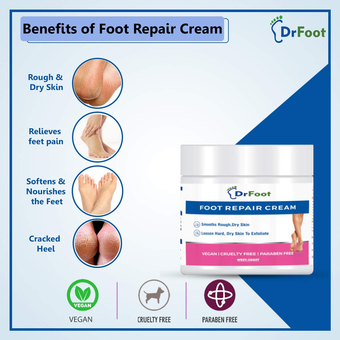 Dr Foot Cracked Heel Repair Cream - Moisturizing Foot Care for Dry, Cracked Feet with Lemongrass, Tea Tree & Vitamin E Oil (100g) - Perfect for Daily Foot Care, Pedicures & Healing Rough Heels