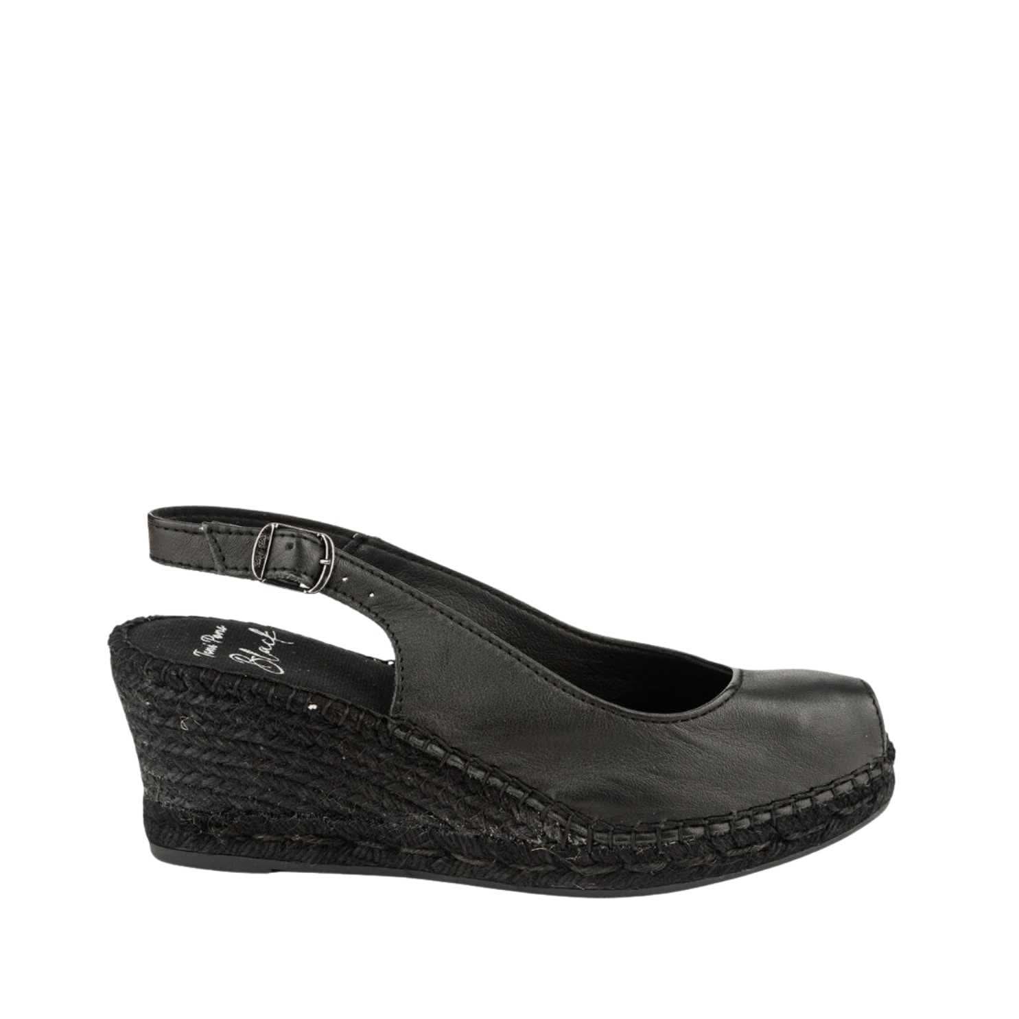 Women's Black Leather Wedge Espadrille Shoes - Comfortable Slip-On Summer Sandals for Casual Outings & Beach Vacations | Croacia PBK