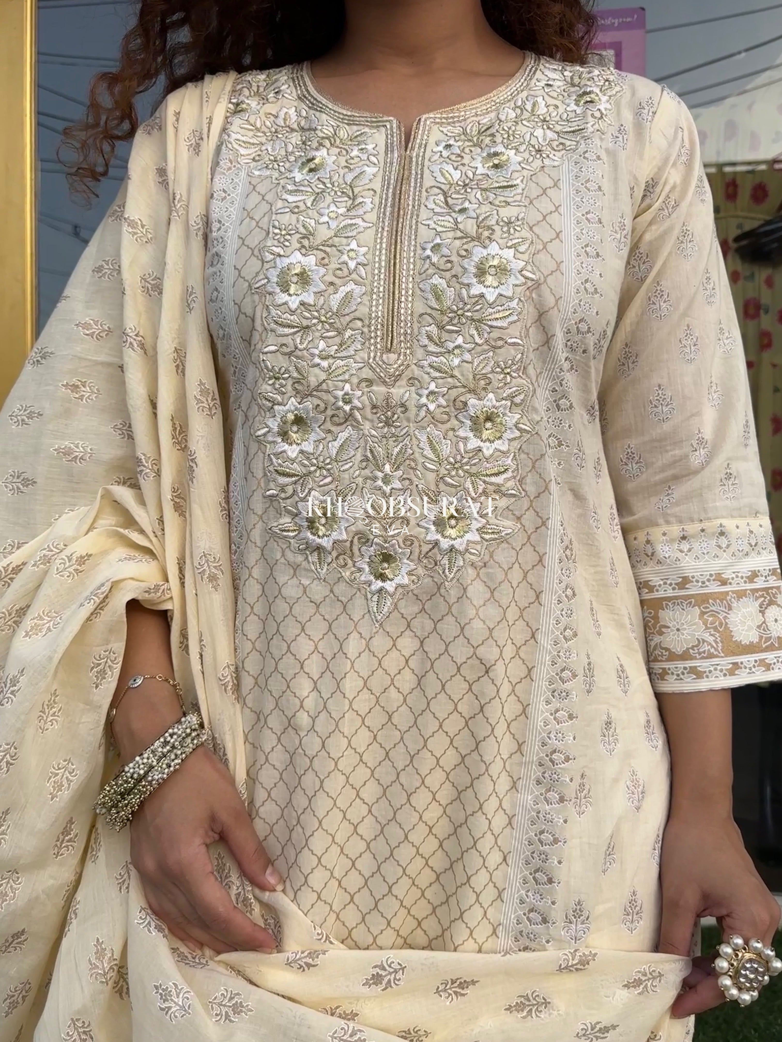 Premium Cream Cotton Embroidered Suit for Men & Women - Elegant & Comfortable for Weddings, Parties & Formal Events