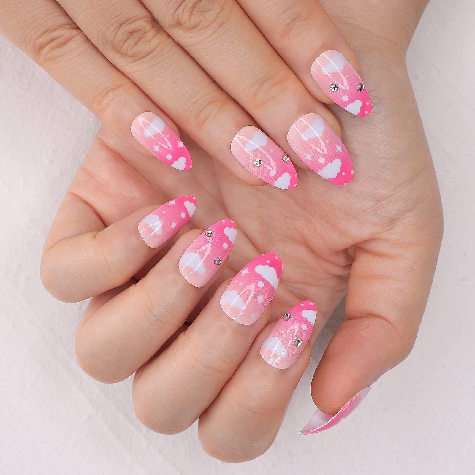 24PCS Medium Length Almond Press On Nails - Ombre Pink Acrylic Fake Nails with White Cloud & Crystal Design | Glossy Artificial Stick On Nails for Women | Perfect for Parties, Weddings & Everyday Manicures