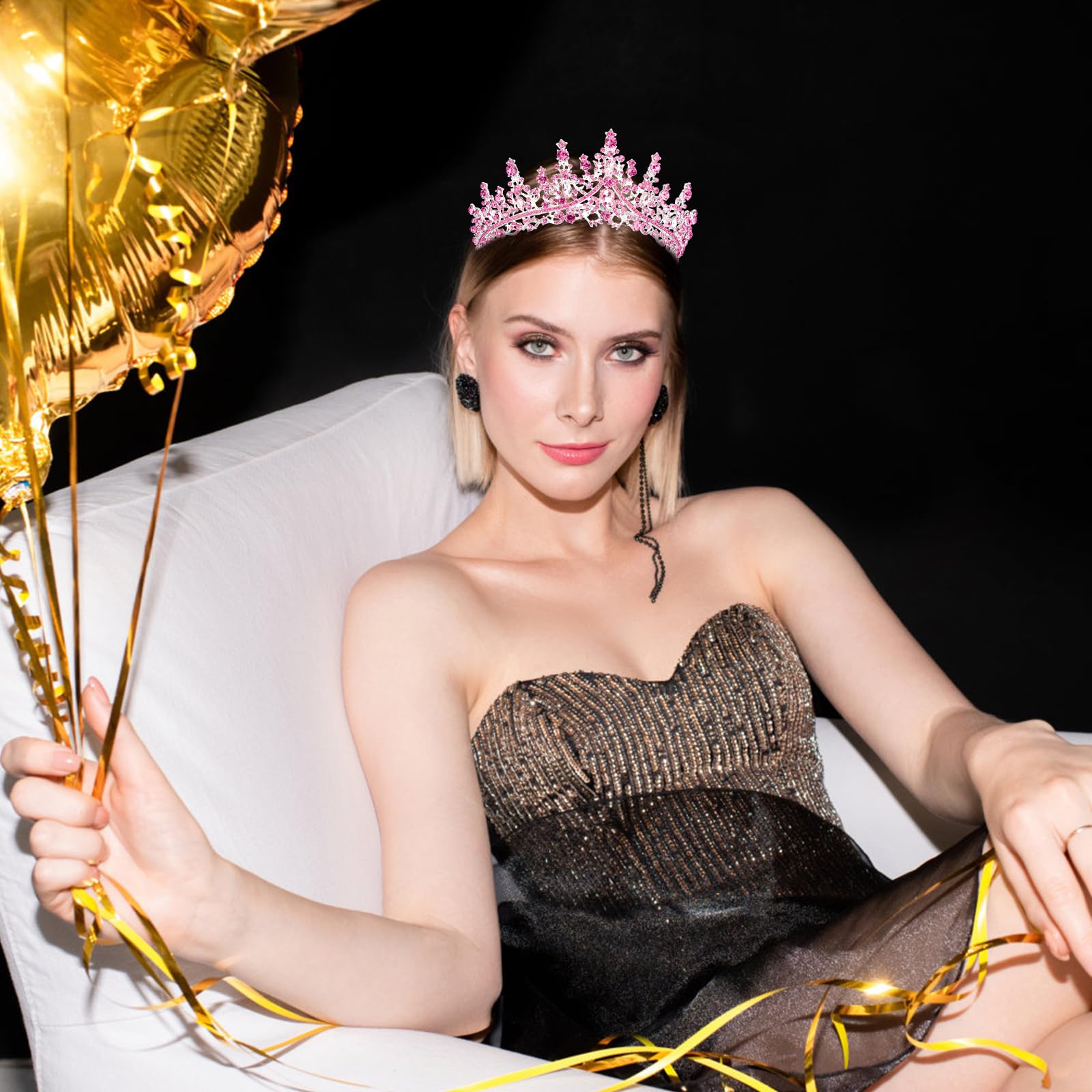 Pink Crystal Birthday Tiara Crown for Women & Girls - Elegant Princess Crown with Combs | Birthday Party Headband, Cake Topper & Hair Accessories | Perfect for Birthday Celebrations, Princess Themed Parties & Special Occasions