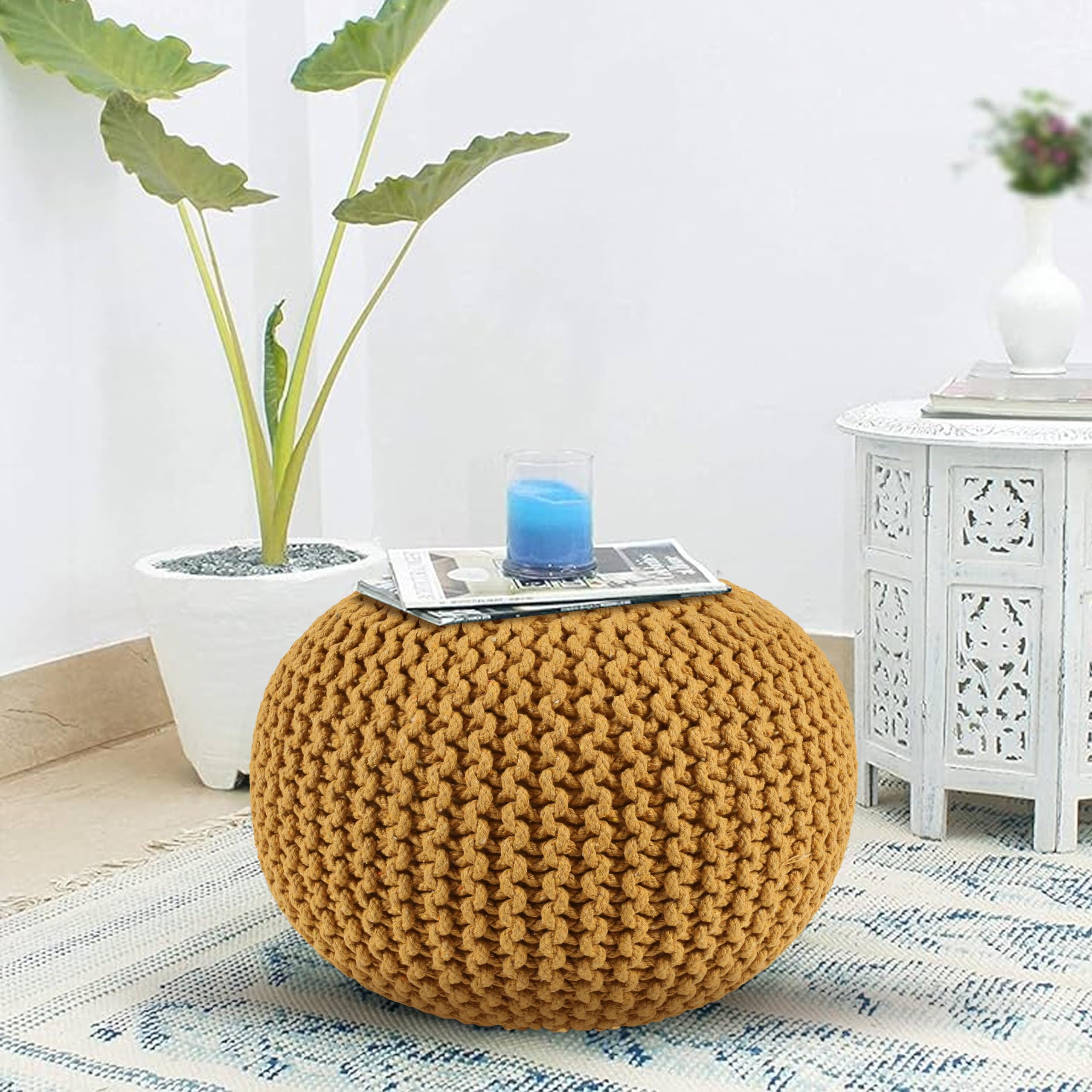 Mustard Yellow Round Ottoman Pouf - Elegant Foot Rest for Living Room Decor