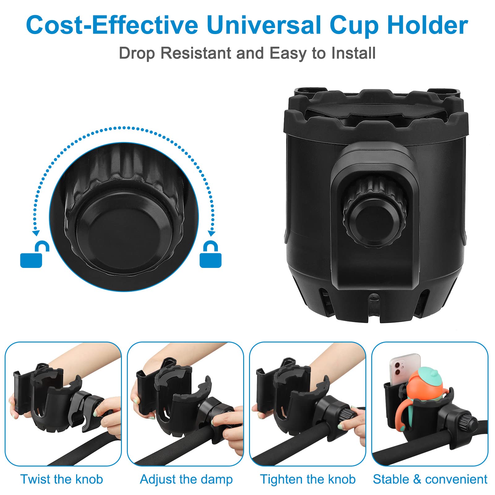 **Accmor Universal 2-in-1 Cup & Phone Holder for Strollers, Bikes, Wheelchairs, Walkers, Scooters - Compatible with Uppababy, Nuna, Doona | Perfect for Outdoor Activities, Travel, and Daily Commute**