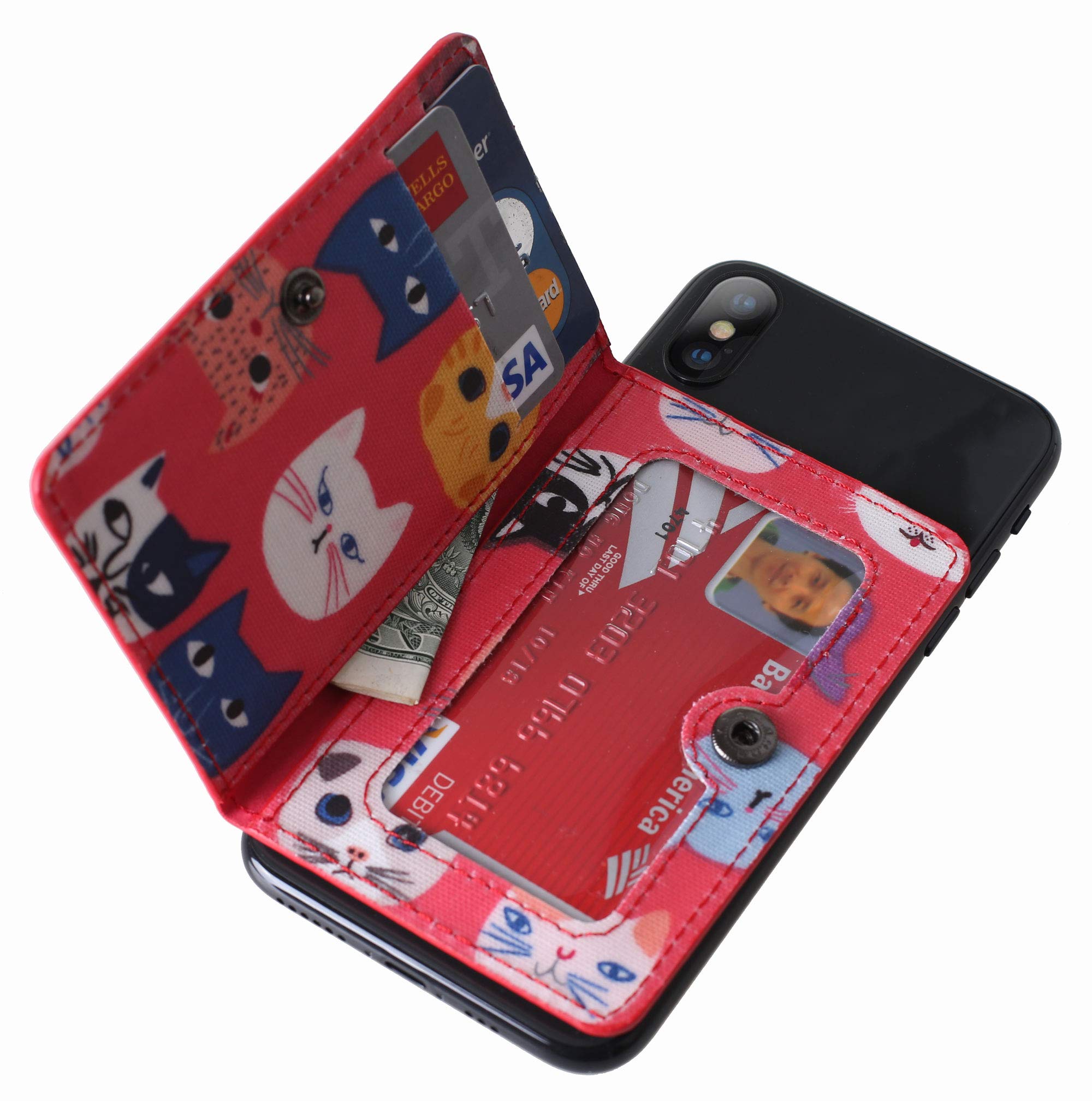 Premium Leather Phone Wallet with ID Card Holder & Stand - Waterproof Adhesive Sticker for iPhone, Samsung & Most Smartphones (Red Cat Design) - Perfect for Work, Travel & Everyday Use