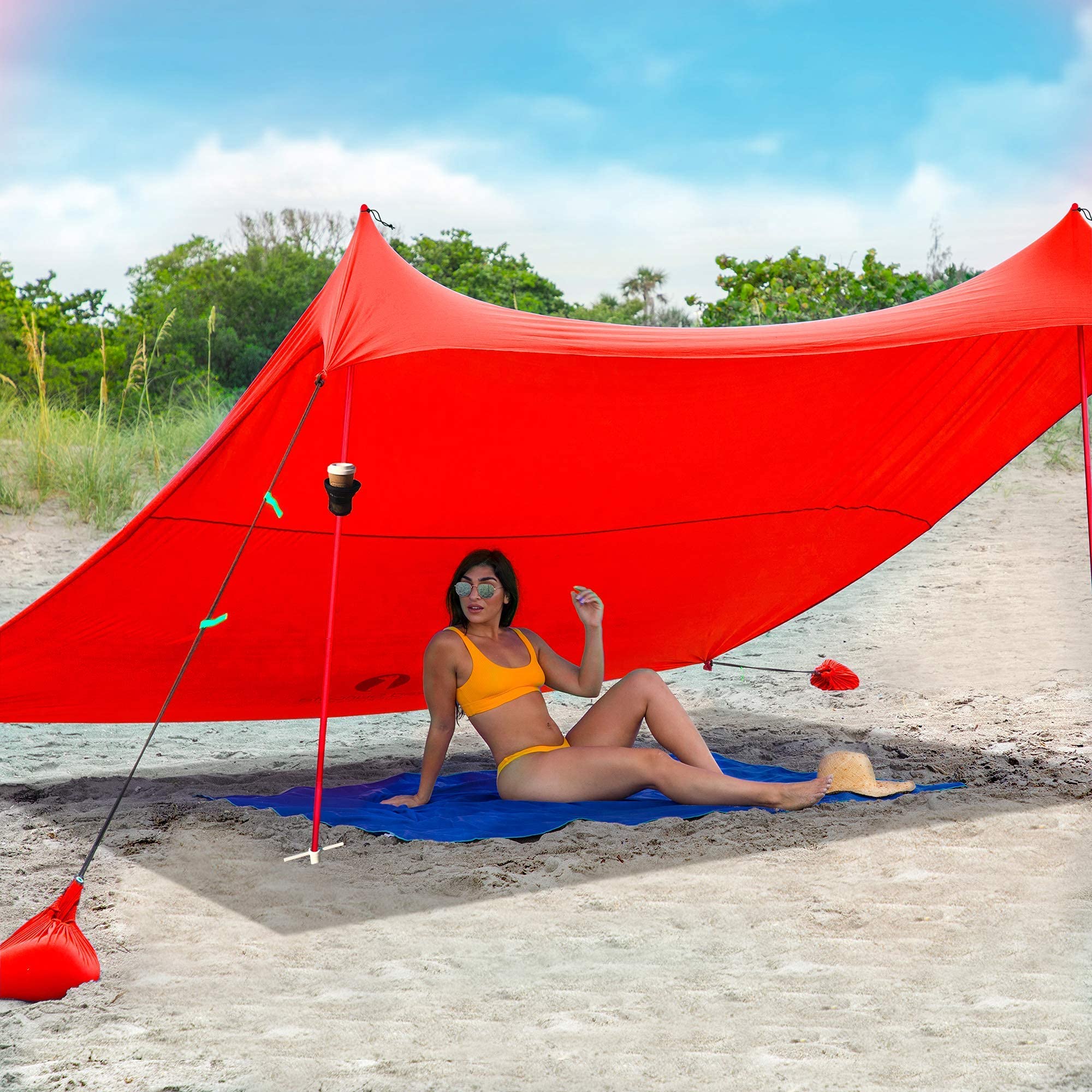 Red Suricata Family Beach Tent with UPF50 UV Sun Protection & 2 Beverage Holders - Portable Sun Shade Shelter for Outdoor, Camping, Picnics (Medium Size)