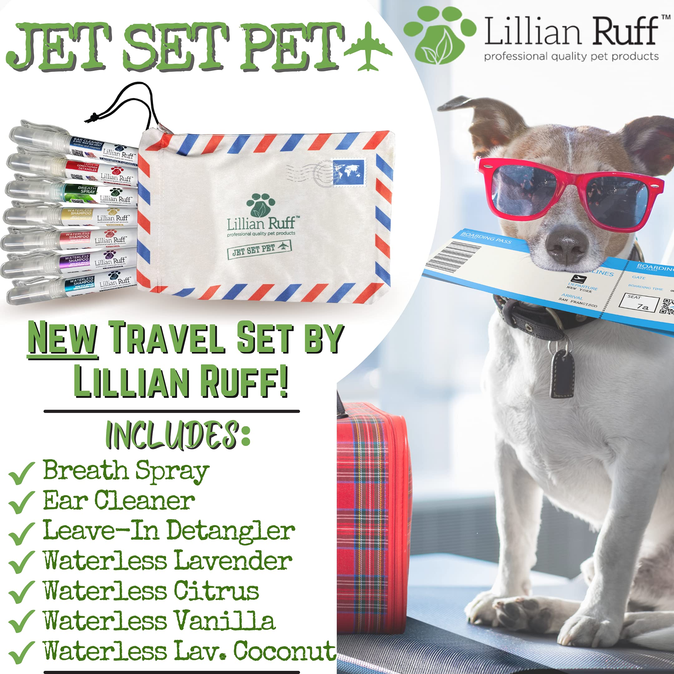 Lillian Ruff Travel Kit for Dogs - Waterless Dog Shampoo, Breath Freshener, Detangler & Ear Cleaner | Portable Grooming Spray for Airline Travel, Camping & Beach | Deodorizing Pet Care Essentials for On-the-Go Dogs