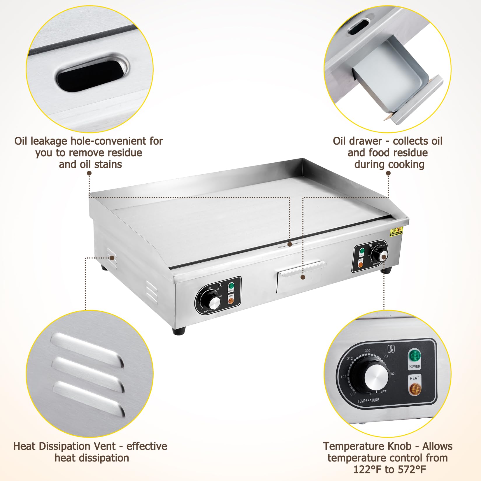 GARVEE 30 Inch Commercial Electric Grill 3000W Stainless Steel Griddle with Adjustable Temperature (122°F-572°F) - Non-Stick Surface for Home Kitchen & Restaurant Use - Perfect for Pancakes, Burgers, Steaks & Large Batch Cooking (No Plug Included)