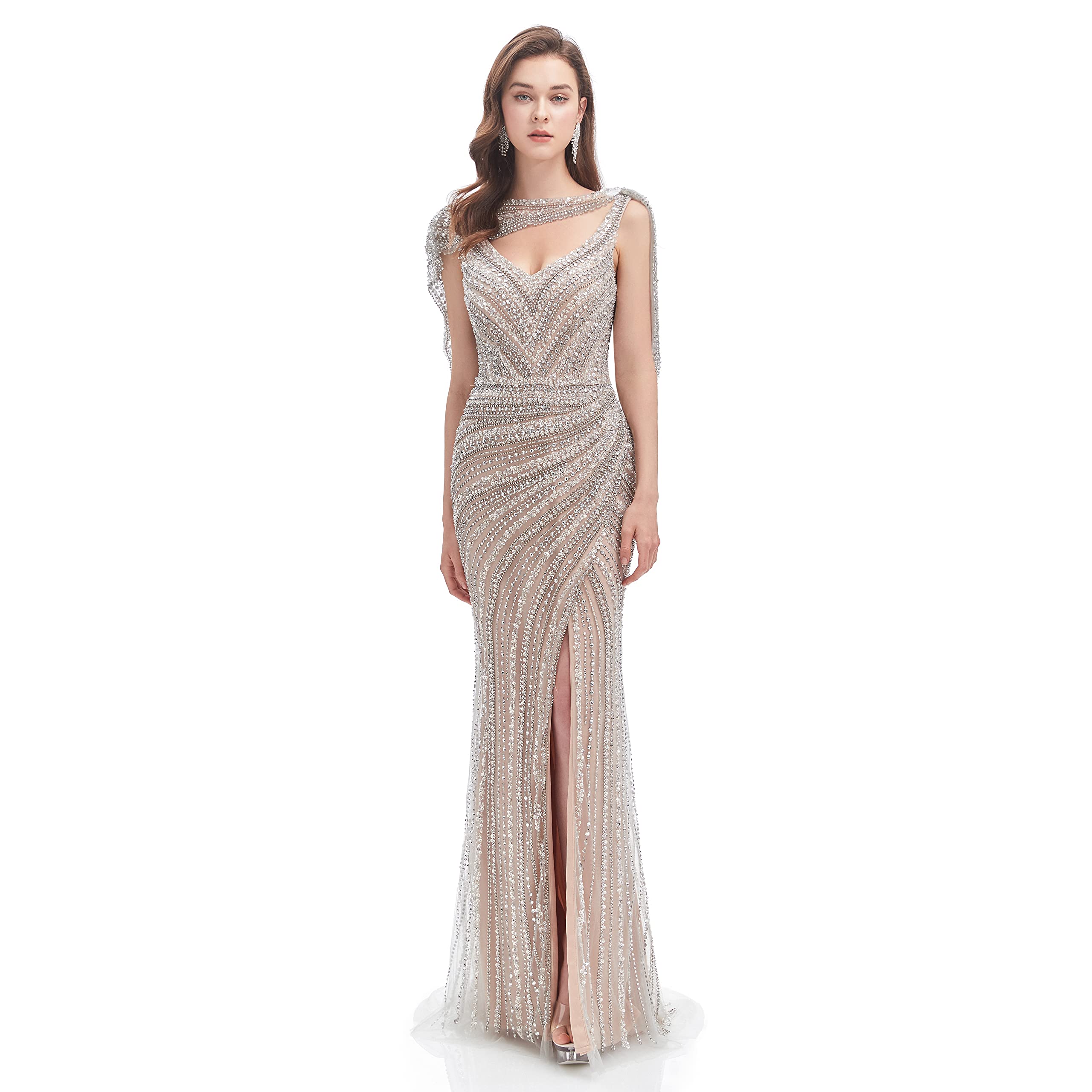 Elegant Women's Crystal Beaded Prom Dress Long Evening Gown Mermaid Style with High Slit in Champagne - Perfect for Homecoming, Prom Night, Formal Events & Special Occasions