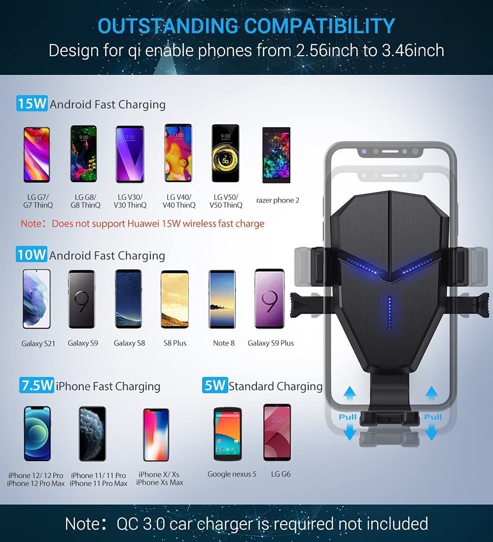 15W Fast Wireless Car Charger with 360° Rotation Phone Mount - Compatible with iPhone, Samsung S10/S10e/Note10 Plus & Qi Devices - Perfect for Road Trips & Commuting
