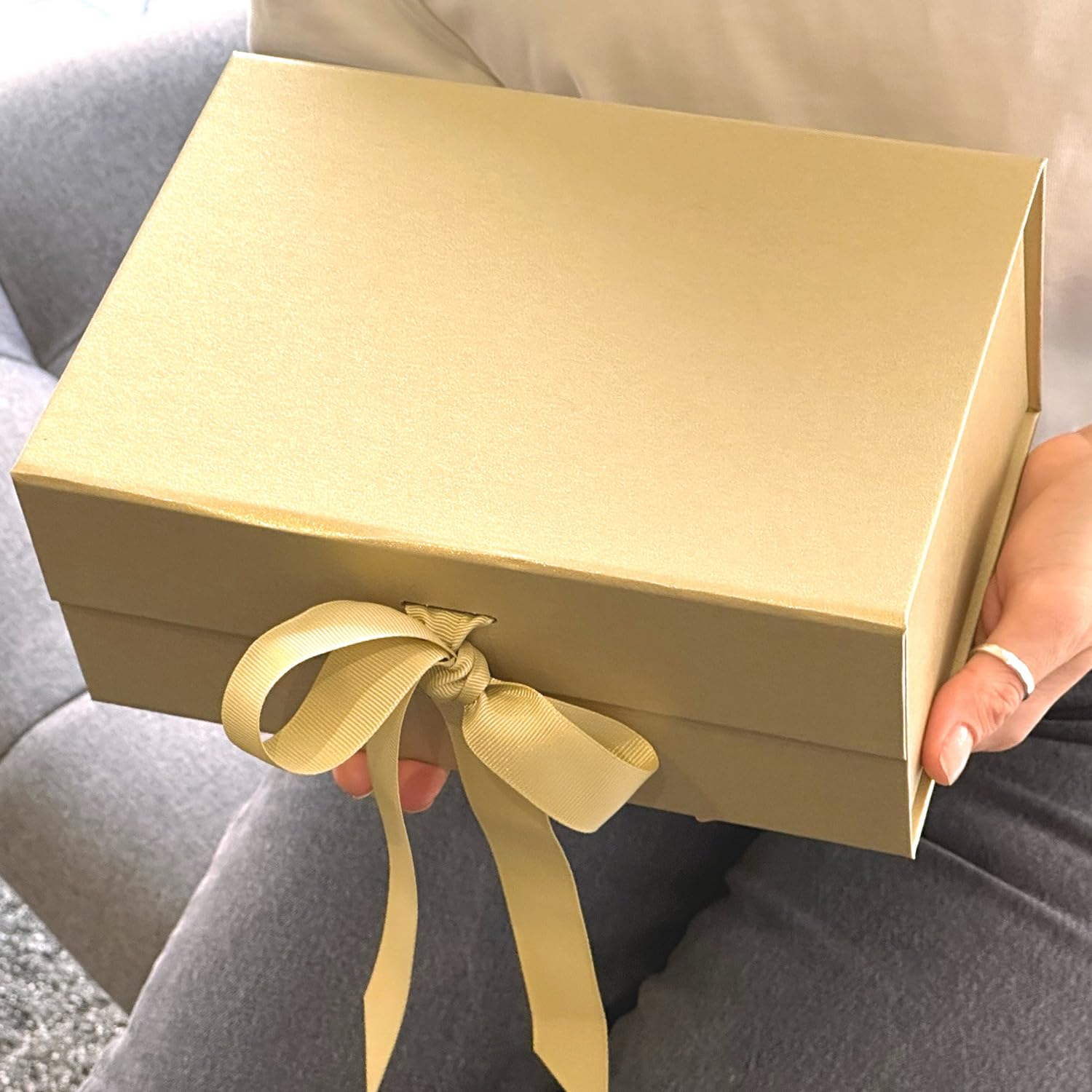 Elegant Gold Gift Box with Ribbon - 23x16x10cm Reusable Folding Present Box for Rakhi, Birthday Party Favors & Special Occasions | Premium Gift Packaging for Jewelry, Candles & Luxury Items