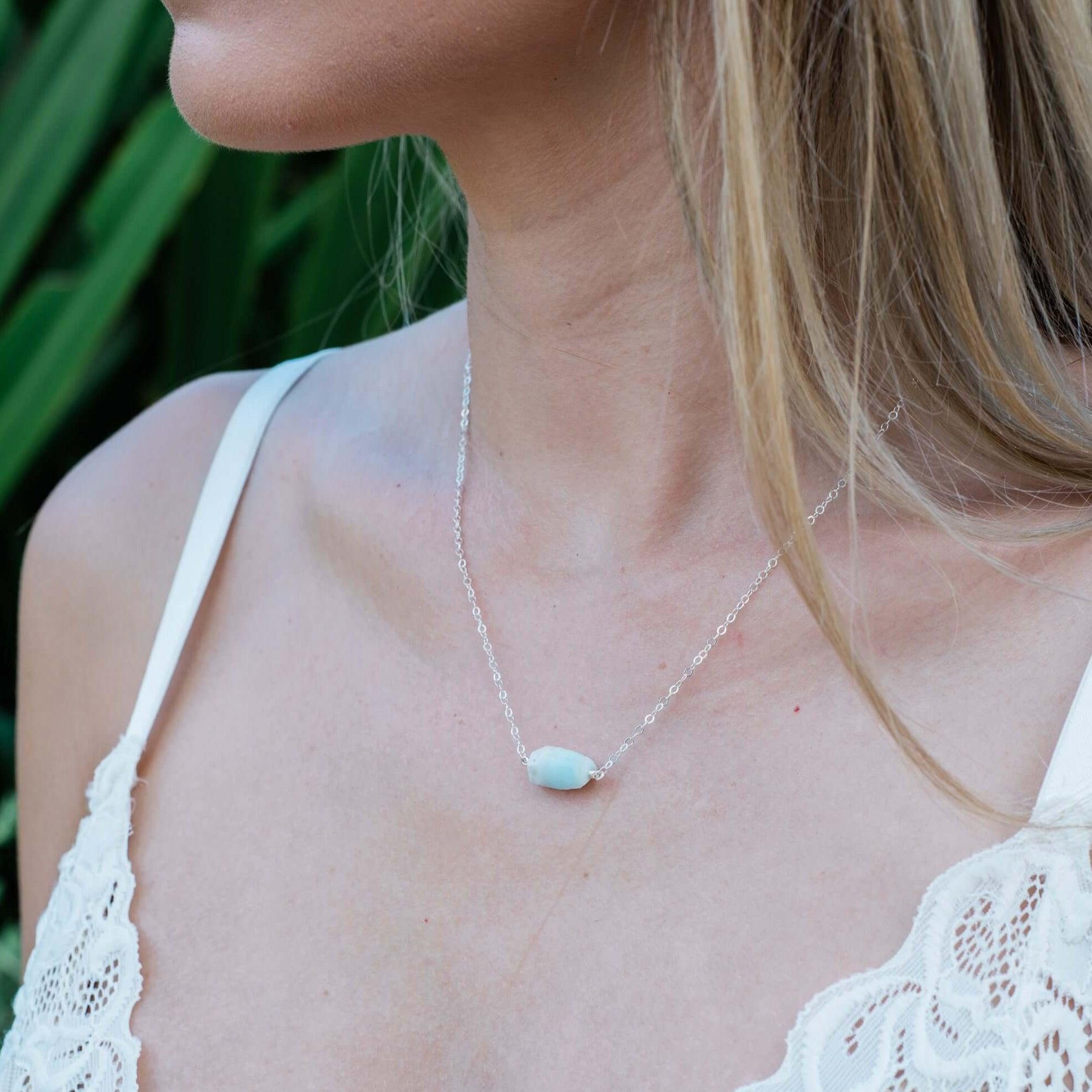 Raw Larimar Crystal Pendant Necklace - Natural Blue Gemstone Jewelry for Women - Perfect for Boho Style & Beach Outfits