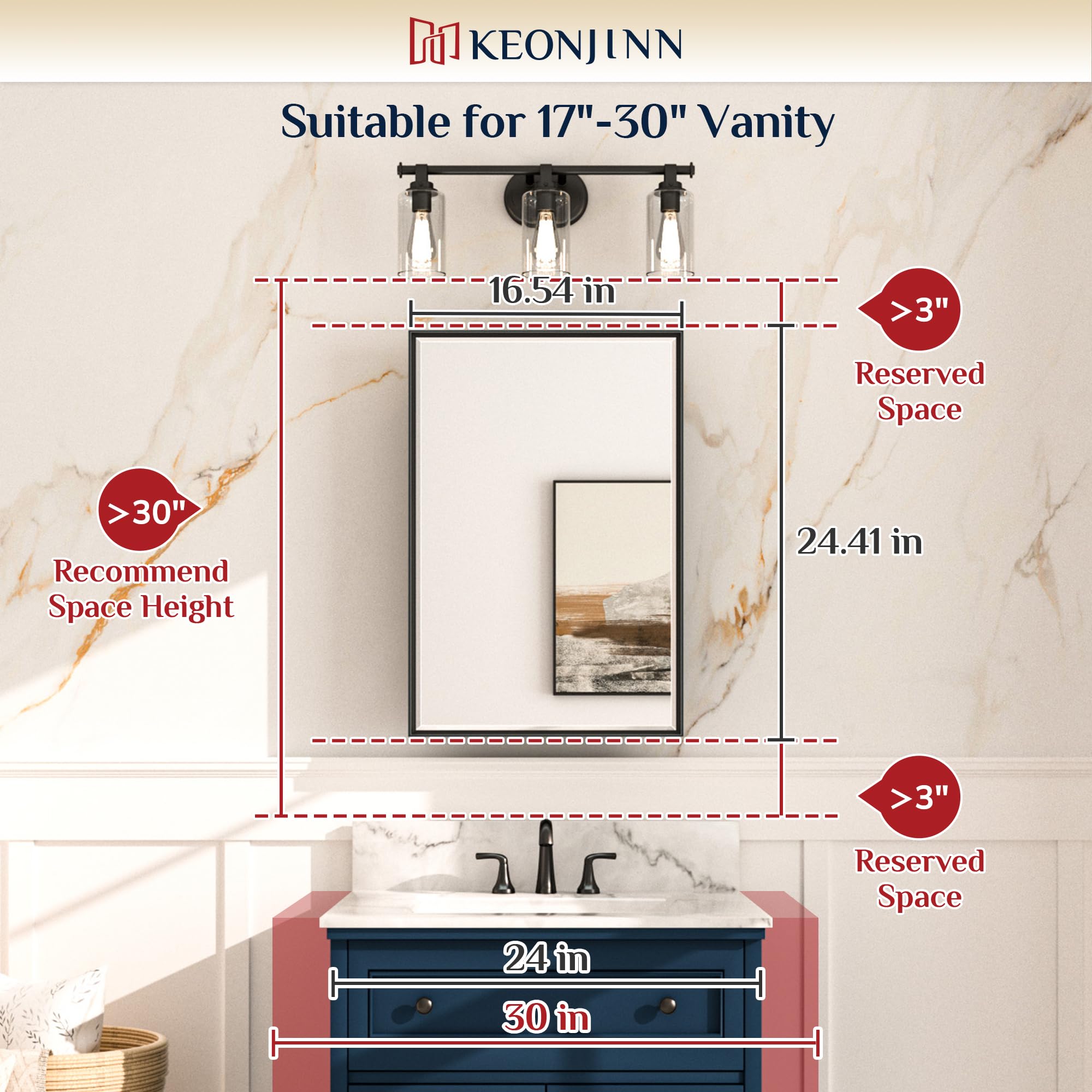 Keonjinn 17x25 Inch Black Bathroom Medicine Cabinet with Mirror - Recessed or Surface Mount Aluminum Alloy Frame, Beveled Edge Vanity Mirror & Storage - Perfect for Small Bathrooms, Powder Rooms & Modern Home Decor