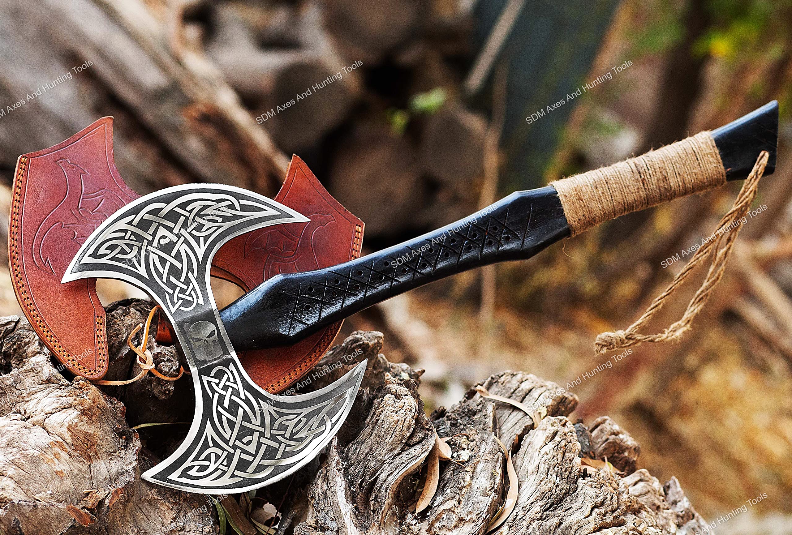 Handmade Viking Double Head Battle Axe with Etched Stainless Steel Blades & Ash Wood Handle - Fantasy Camping, Survival, Wood Chopping Axe - Black & Brown (SDM-106) for Outdoor Adventures, LARP & Medieval Reenactments