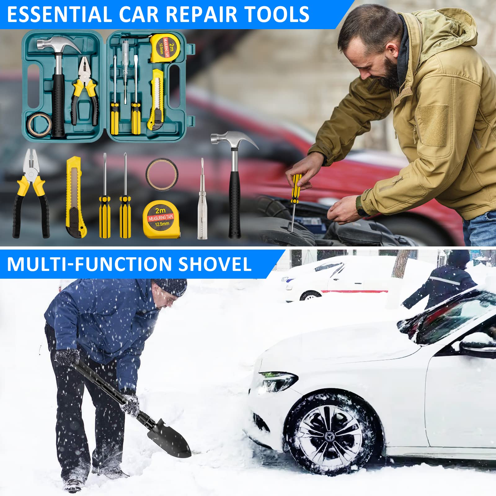Premium Car Emergency Safety Kit - Auto Roadside Assistance Kit with Jumper Cables, First Aid & Tools for Cars, Trucks & RVs - Essential for Winter Travel & Road Trips