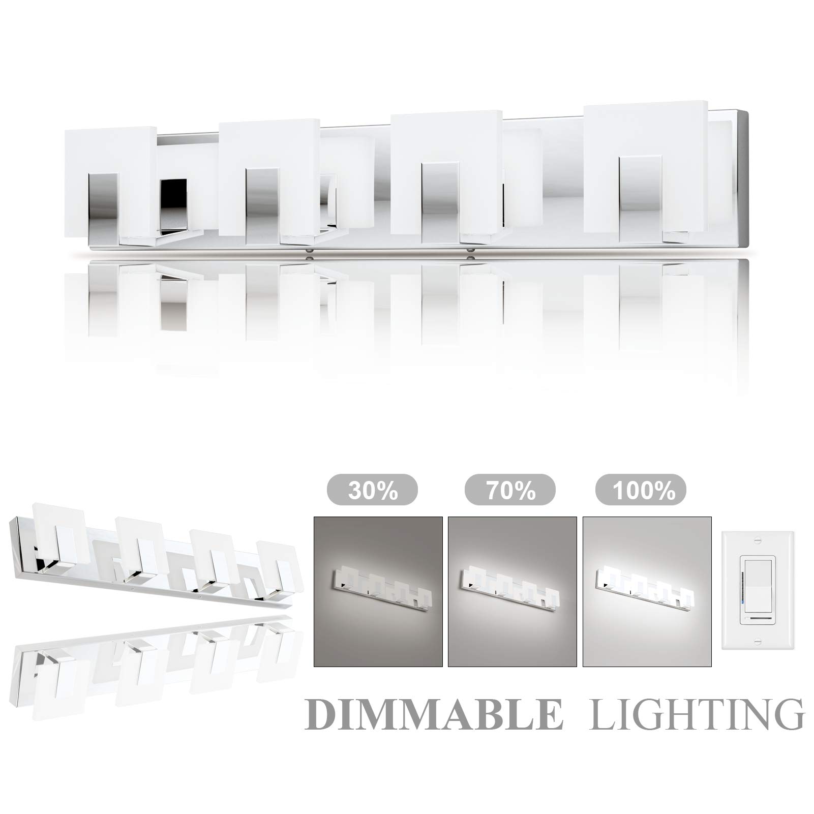 Aipsun 4-Light Dimmable Modern LED Vanity Light - Frosted White Acrylic & Chrome Bathroom Wall Fixture for Mirror (6000K White Light) - Perfect for Bathroom, Powder Room & Dressing Area Lighting