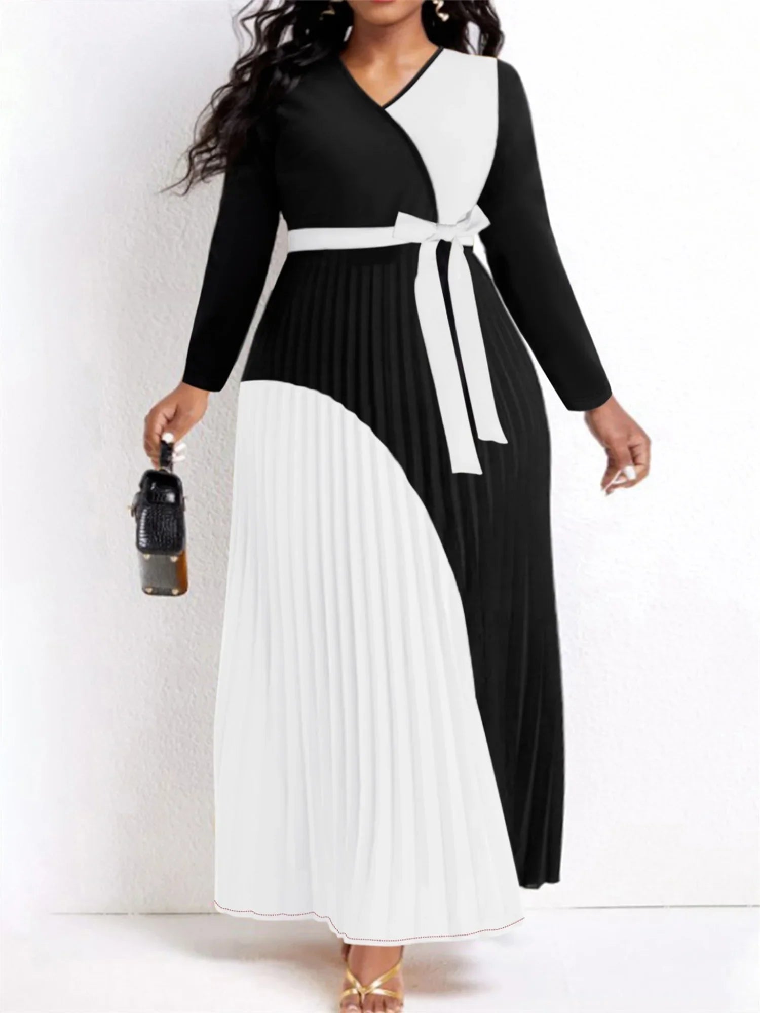 Elegant Fall Maxi Dresses for Women - Bandage Design Tiered Pleated A-Line Dress with Belt & Long Sleeves | V-Neck Flowy Patchwork Vestidos | Perfect for Autumn Weddings, Parties & Date Nights