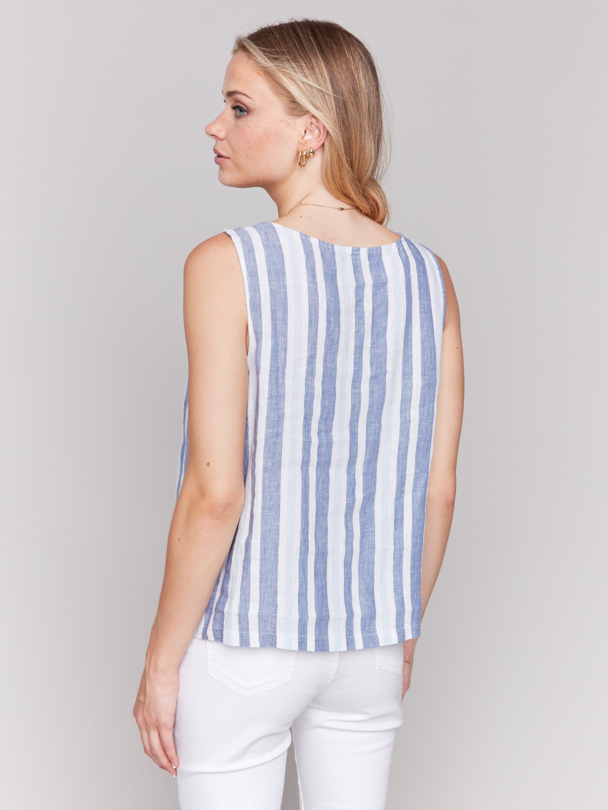 Printed Sleeveless Linen Blend Top with Side Slit & Stripes - Summer Casual Wear for Women, Beach Outfit, Vacation Style