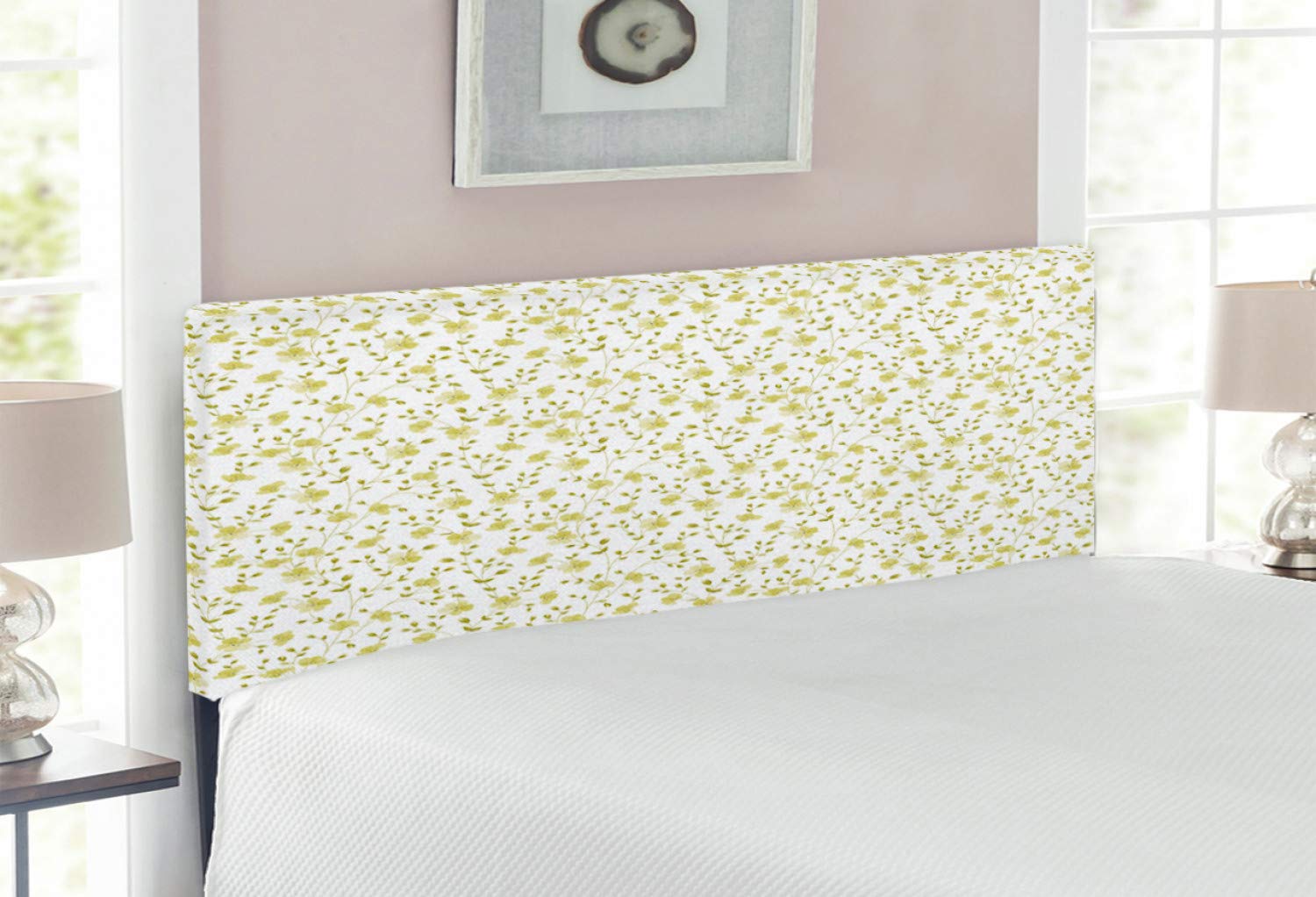Ambesonne Floral Upholstered Headboard - Full Size Bed Frame with Memory Foam, Botanical Flower Pattern in Pale Green & White | Perfect for Bedroom Decor, Guest Rooms & Cozy Home Makeovers