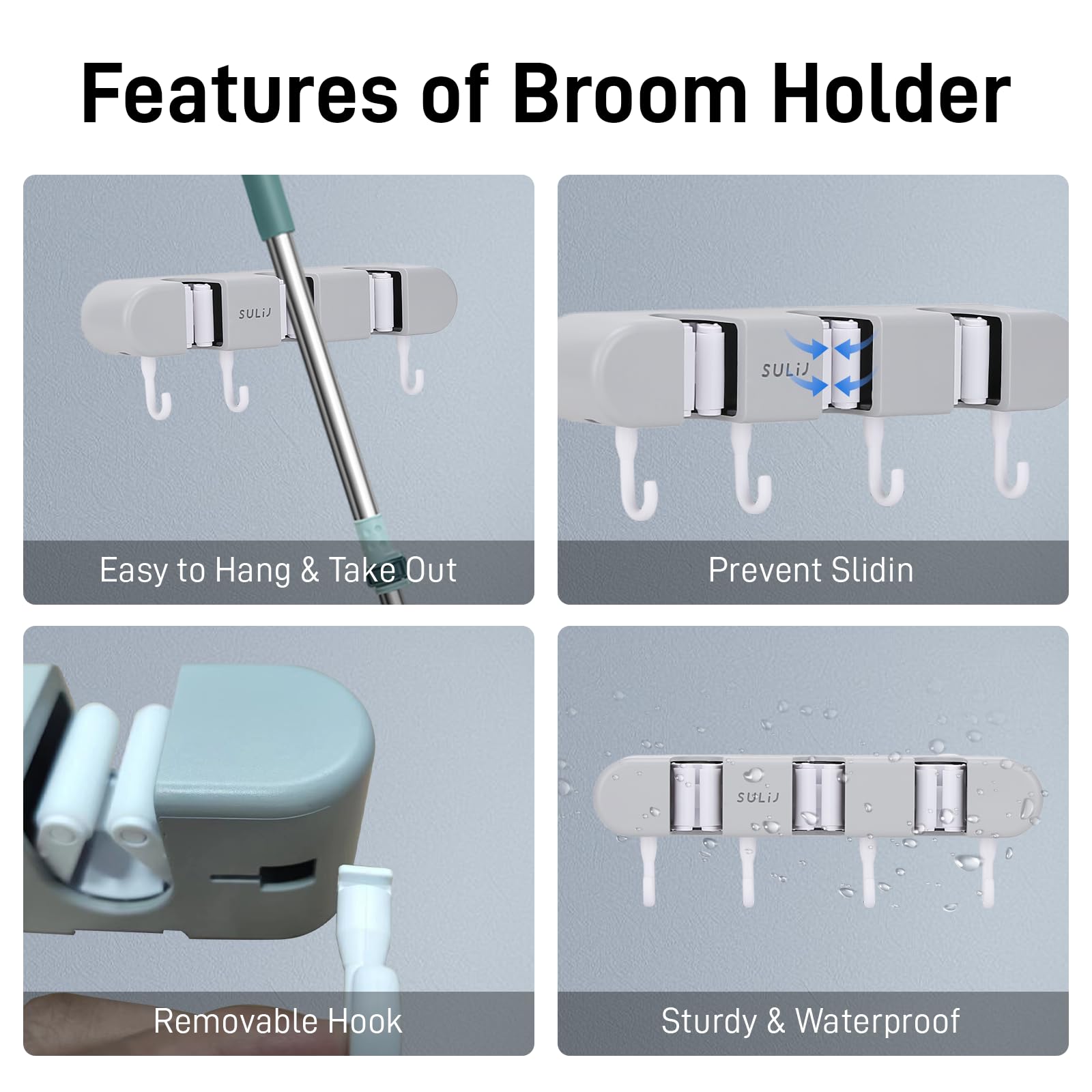 Heavy Duty Broom Holder with 3 Slots & 4 Hooks - Wall Mounted Garden Tool Organizer for Home, Laundry Room, Kitchen, Closet, Shed & Garage Storage - Space Saving Grey Broom Hanger for Mops, Rakes & Cleaning Supplies