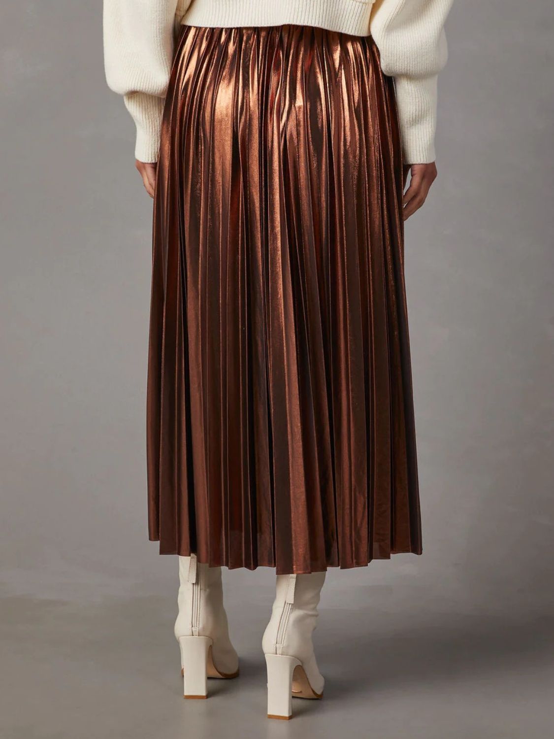 Stylish Pleated Brown Skirt for Women - A-Line Midi Length with Elastic Waist - Perfect for Office, Date Night & Casual Outfits