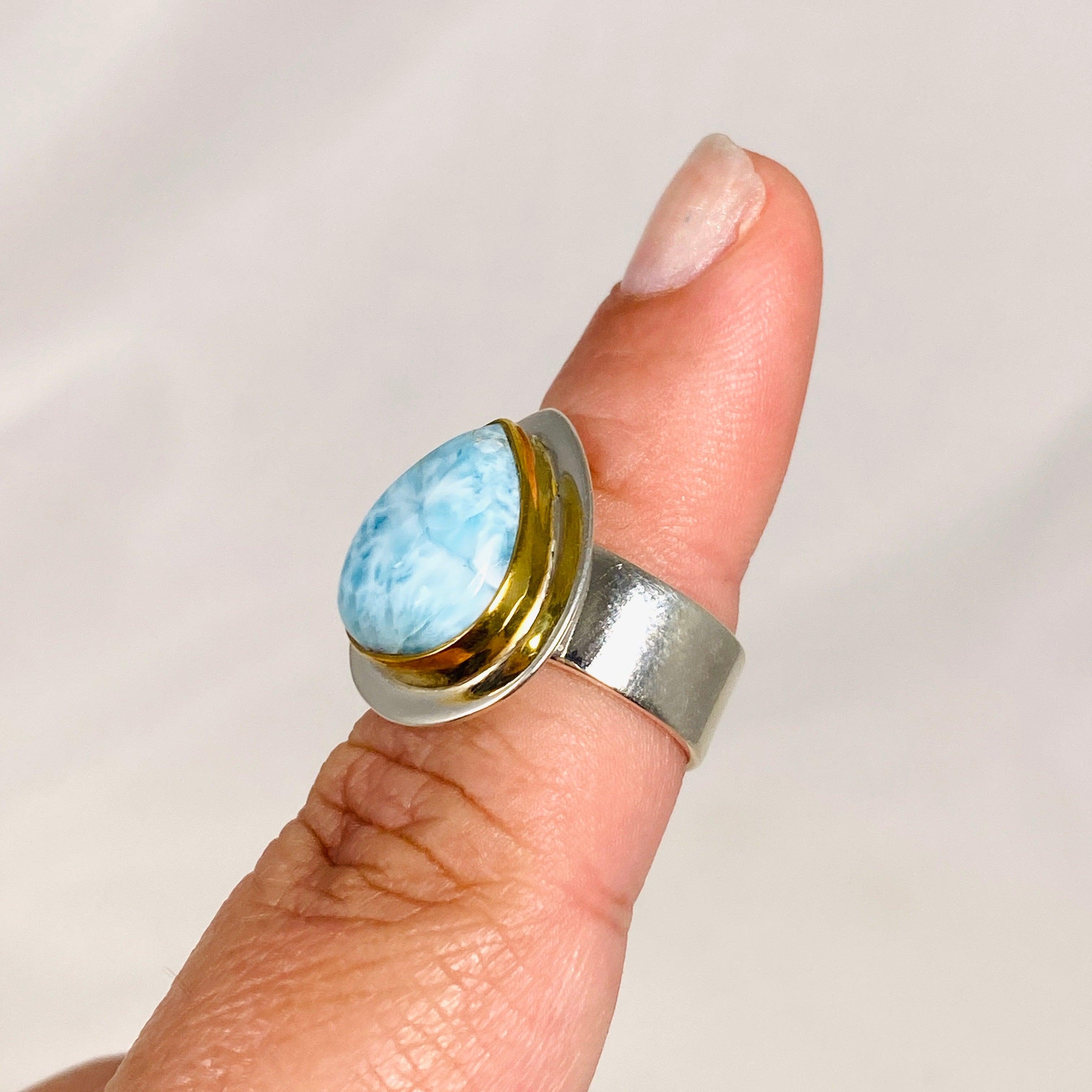 Larimar Teardrop Ring with Brass Detailing - Size 6 - Handmade Sterling Silver Jewelry - KRGJ3087 - Perfect for Boho Style, Beach Wedding & Everyday Wear