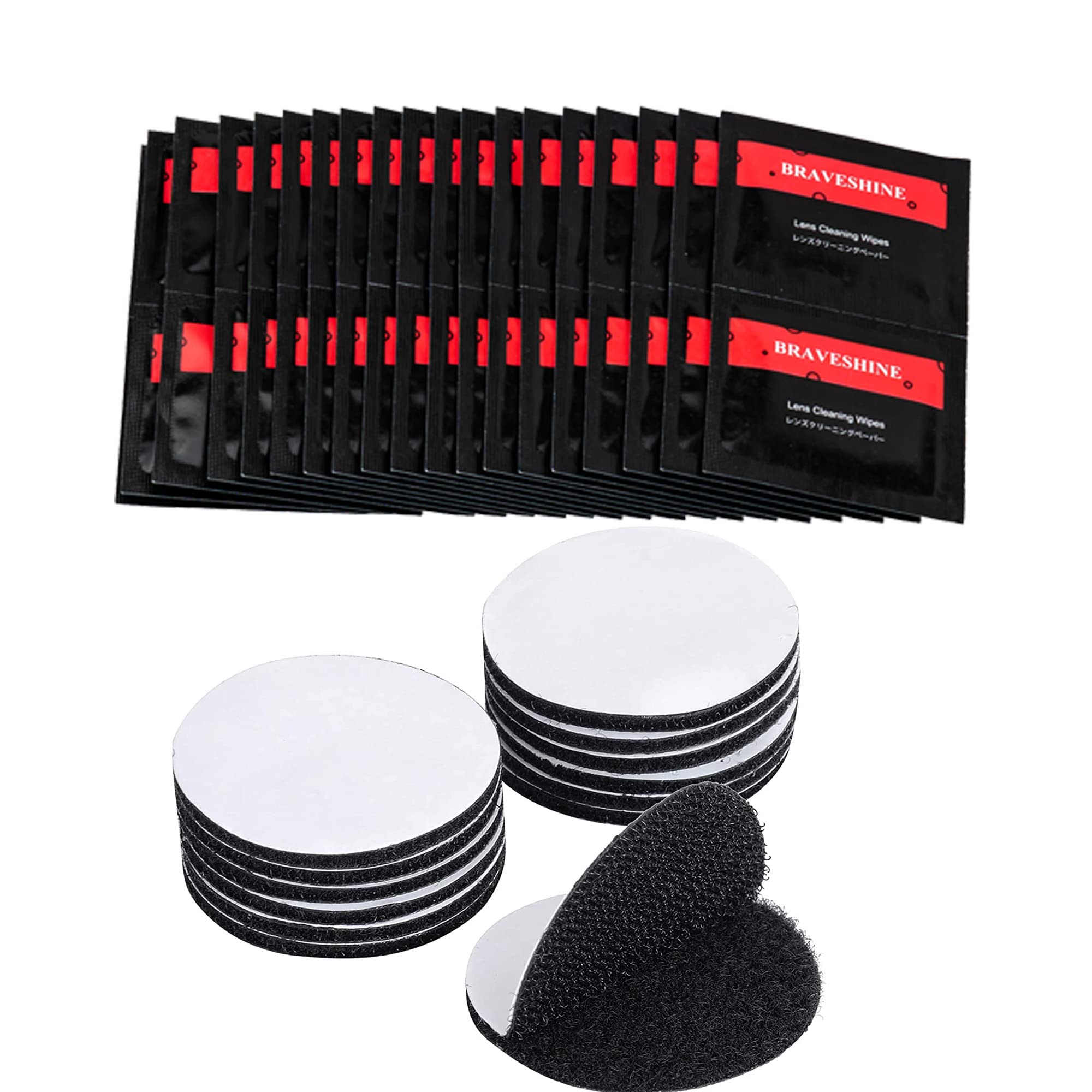 BRAVESHINE 150 Pack Eyeglasses Cleaner Wipes & 12 Pack Round 1.5 Inch Hook Loop Dots - Lens Cleaning Wipes for Glasses, Screens, Cameras - Heavy Duty Sticky Back Fasteners for Carpets, Home & Office Organization