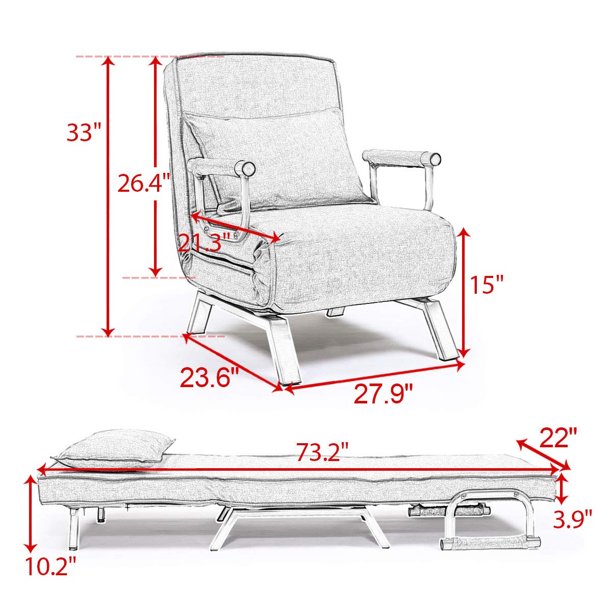 Convertible Sofa Bed Folding Arm Chair - 5-Position Adjustable Recliner Lounge Sleeper with Pillow for Home, Office, Apartment - Perfect for Small Spaces, Guest Rooms & Relaxation (Gray)