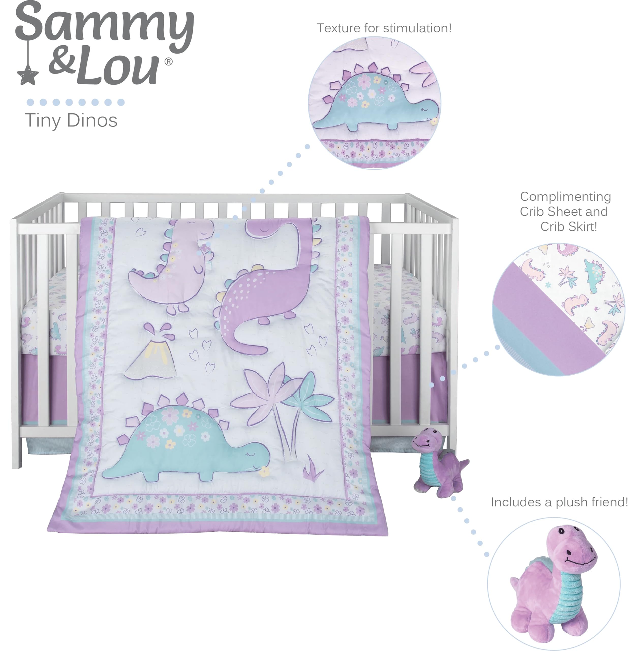 Sammy & Lou Tiny Dinos 4-Piece Baby Crib Bedding Set - Soft Quilt, Fitted Sheet, Crib Skirt & Plush Dinosaur Toy | Adorable Dinosaur Nursery Decor for Boys & Girls | Perfect for Newborns, Infants & Toddlers