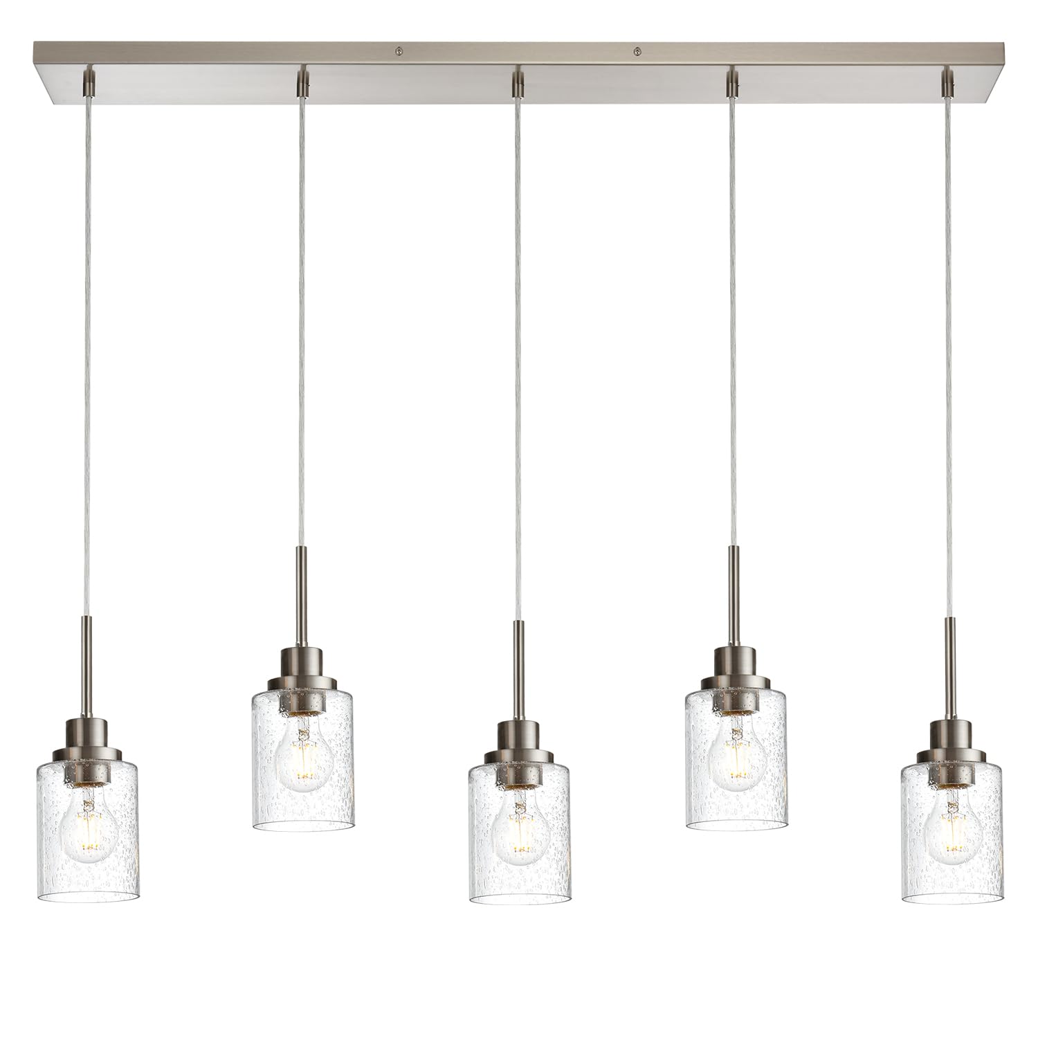 Modern Brushed Nickel Linear Chandelier - 5-Light Farmhouse Pendant Lighting with Clear Seeded Glass for Dining Room, Kitchen Island & Living Room | Contemporary Ceiling Light Fixture for Home Decor