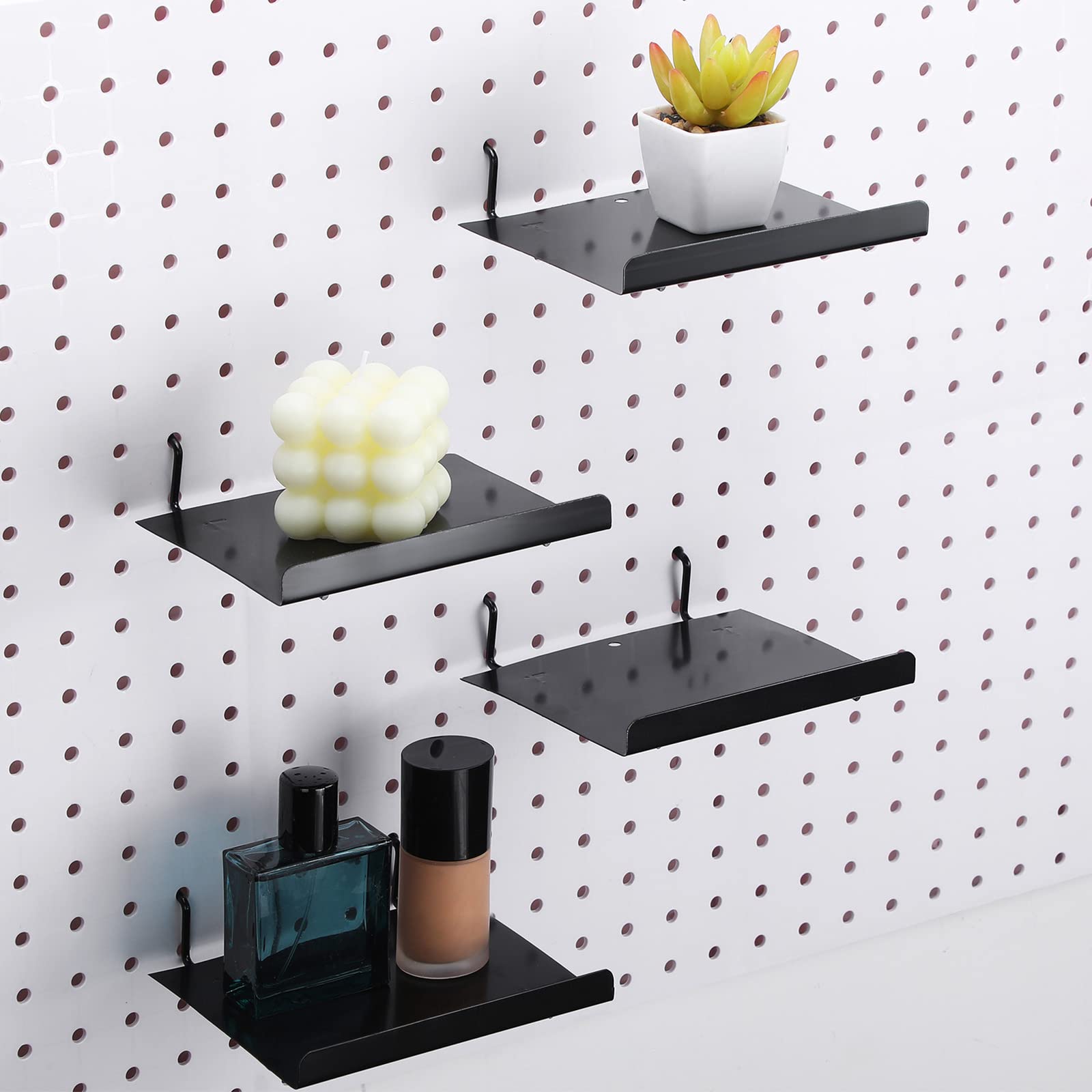 4 Pack Black Steel Pegboard Shelves - 5.91 x 4.72 Inch Wall Organizer Brackets & Tray for Craft Room, Garage, Kitchen, Nursery, Workbench - Heavy Duty Pegboard Accessories & Storage Solutions