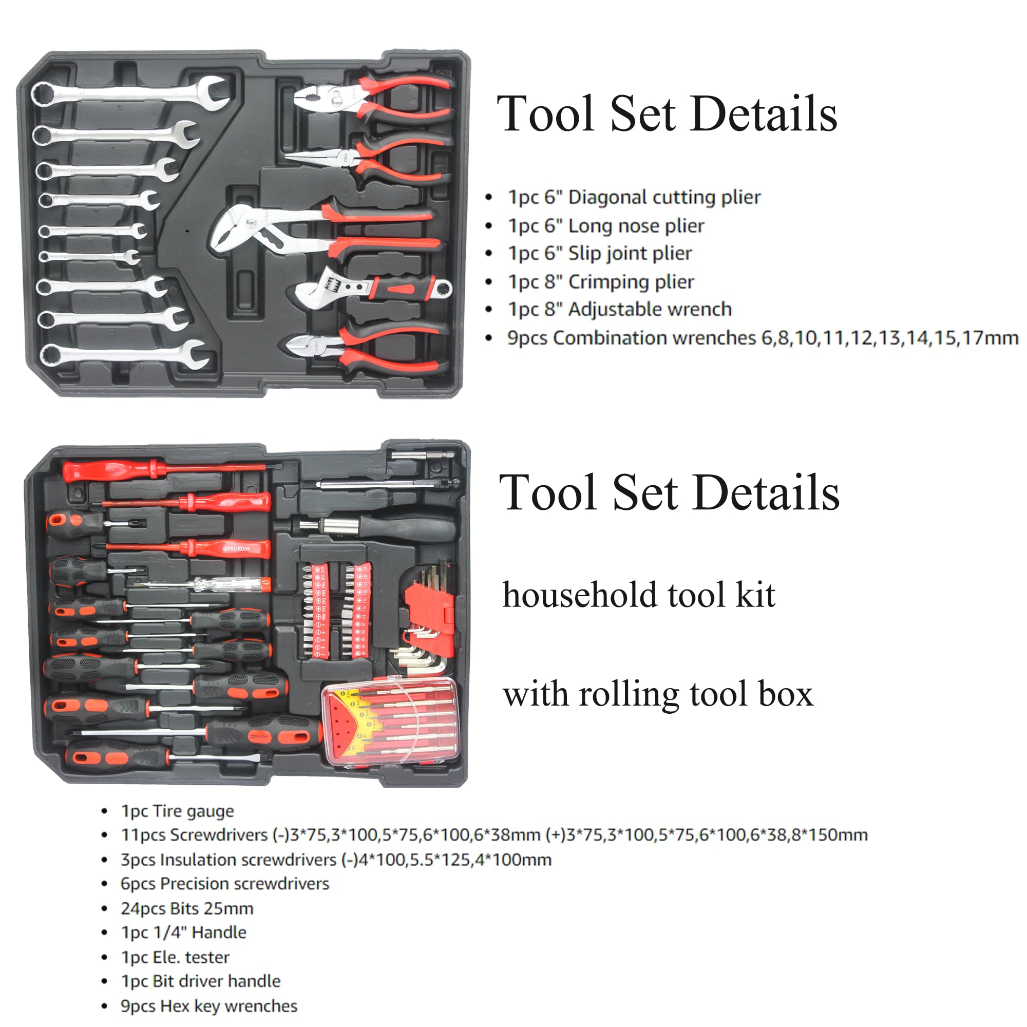 899-Piece Household & Auto Repair Tool Kit with Rolling Tool Box - Complete Mechanic Tool Set for Home, Garage & DIY Projects - Black