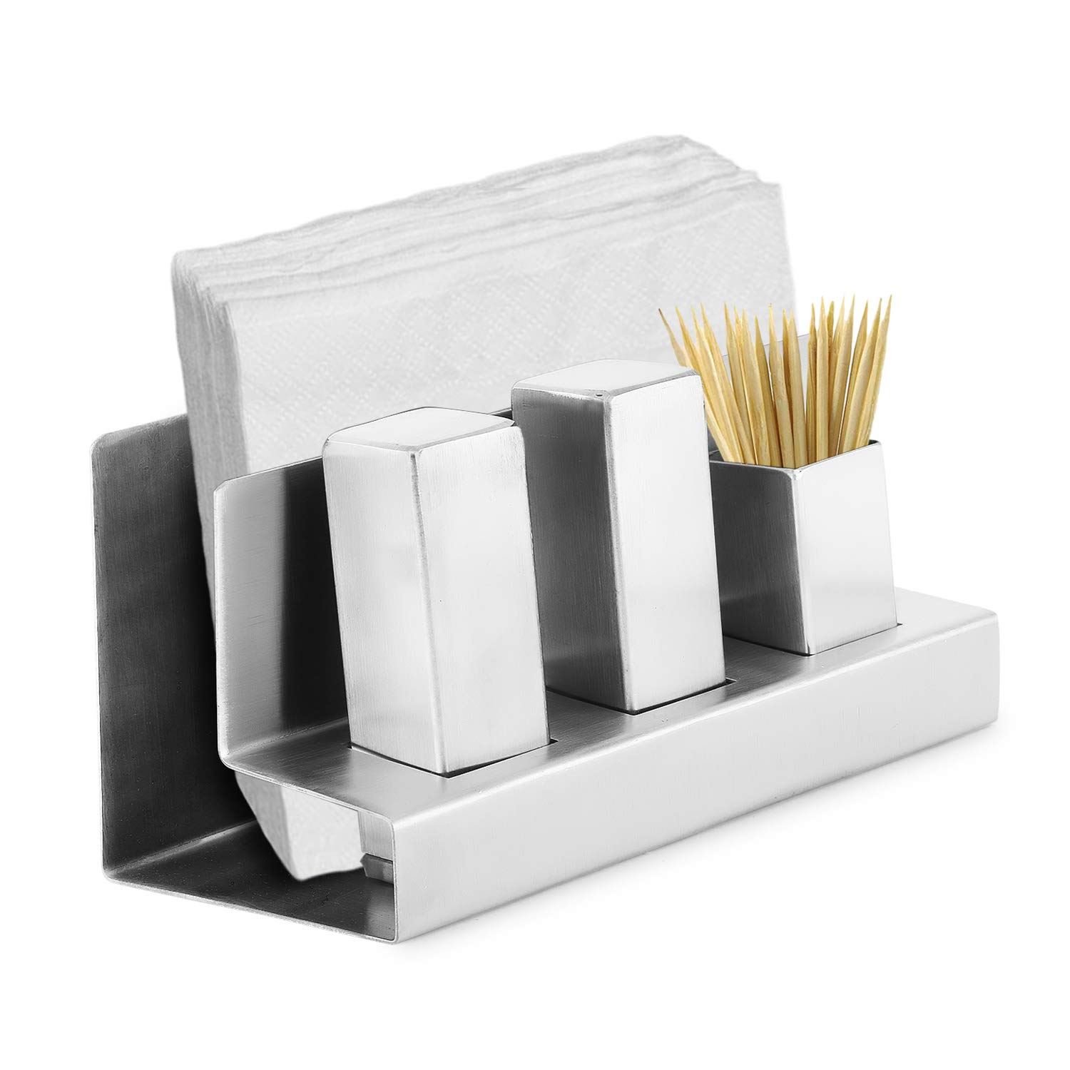 Premium Stainless Steel Kitchen Utensil Set - Salt & Pepper Shakers, Toothpick Holder & Napkin Dispenser - Modern Spice Rack Organizer for Dining Table, Restaurant & Home Kitchen Decor