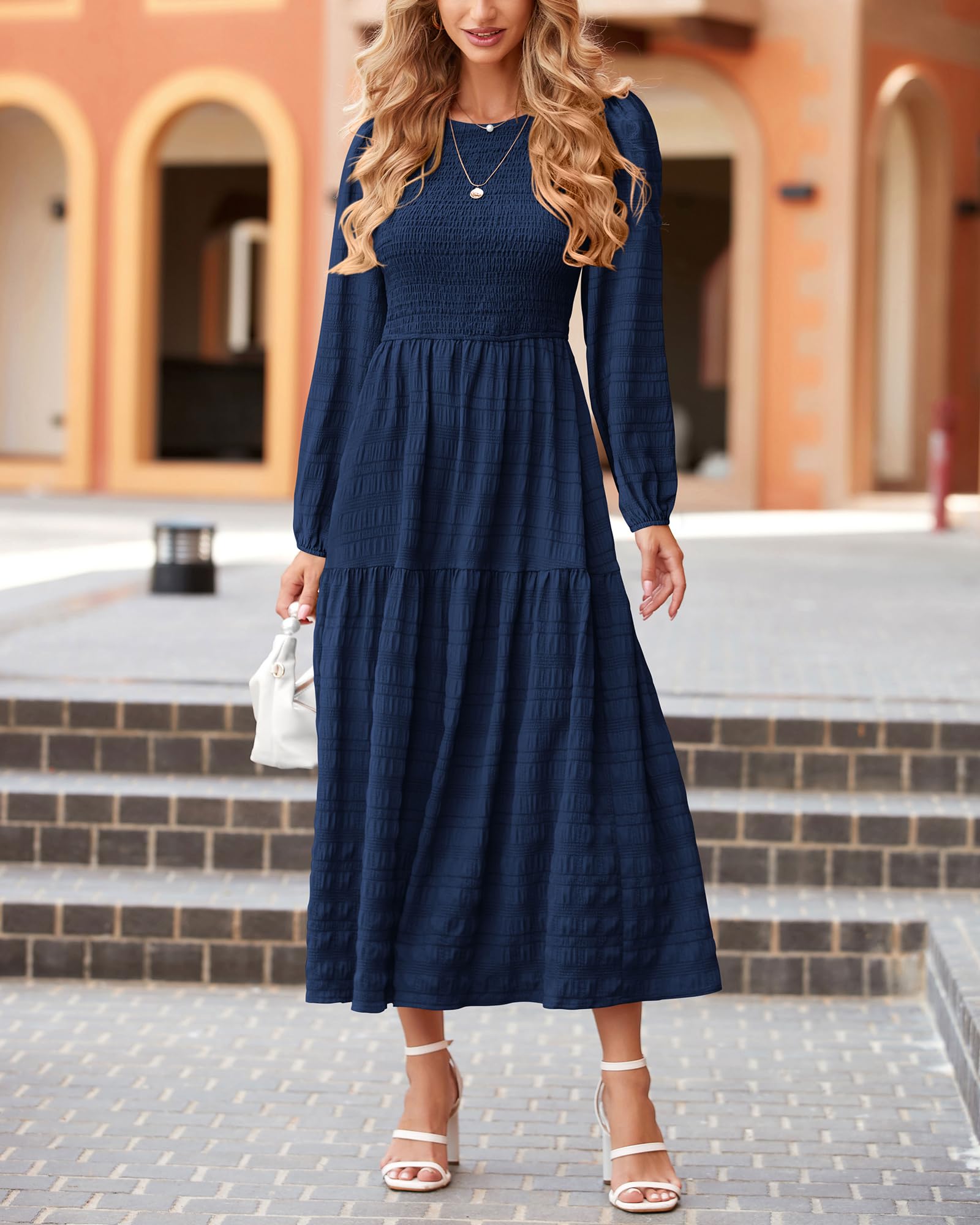 Dowerme Women's Boho Maxi Dress 2025 - Long Sleeve Smocked Tiered A-Line Flowy Wedding Party Dress for Spring | Perfect for Beach Weddings, Garden Parties & Special Occasions