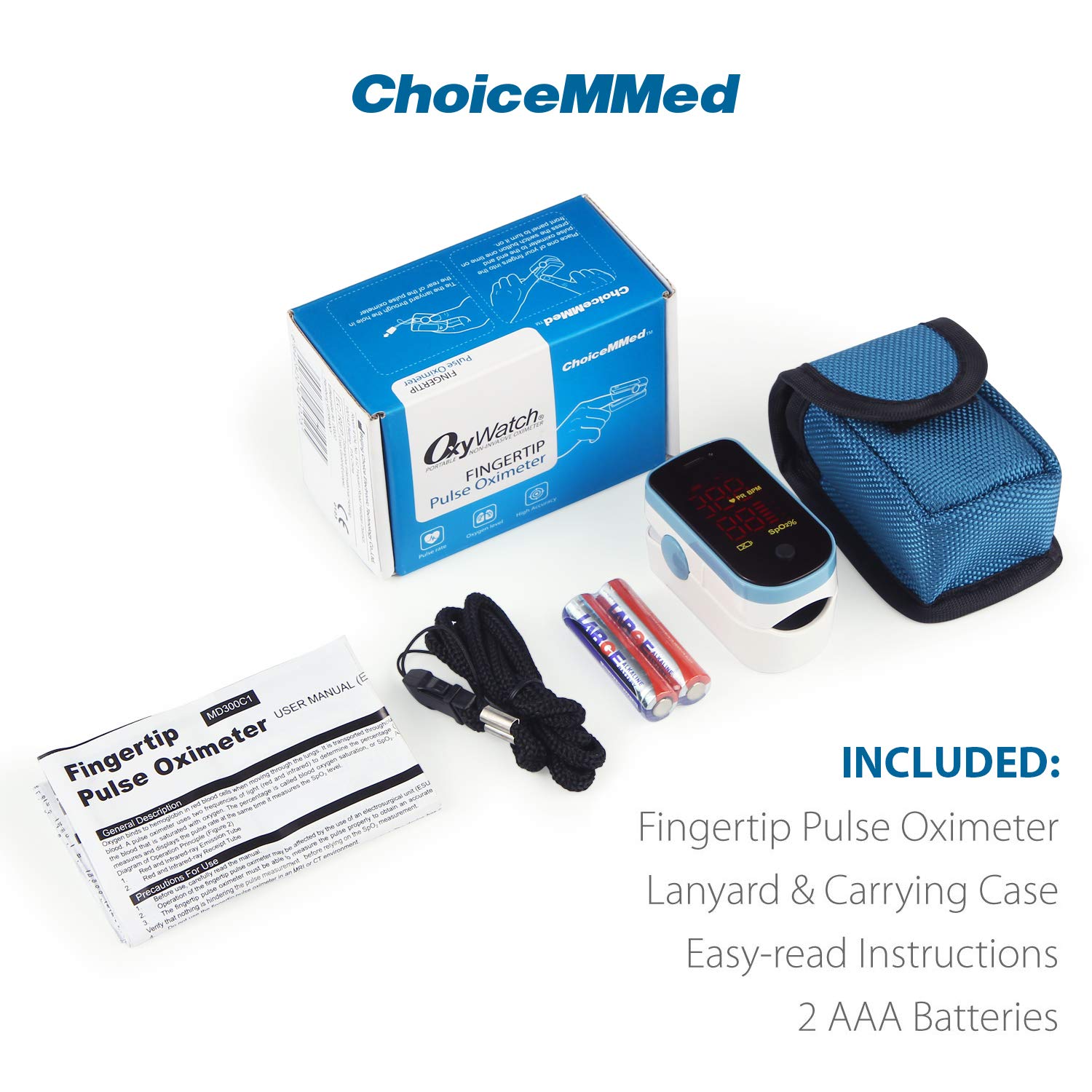 CHOICEMMED Finger Pulse Oximeter - Accurate Blood Oxygen Monitor with Batteries & Carry Pouch - Portable SpO2 Sensor for Home, Travel & Sports Use