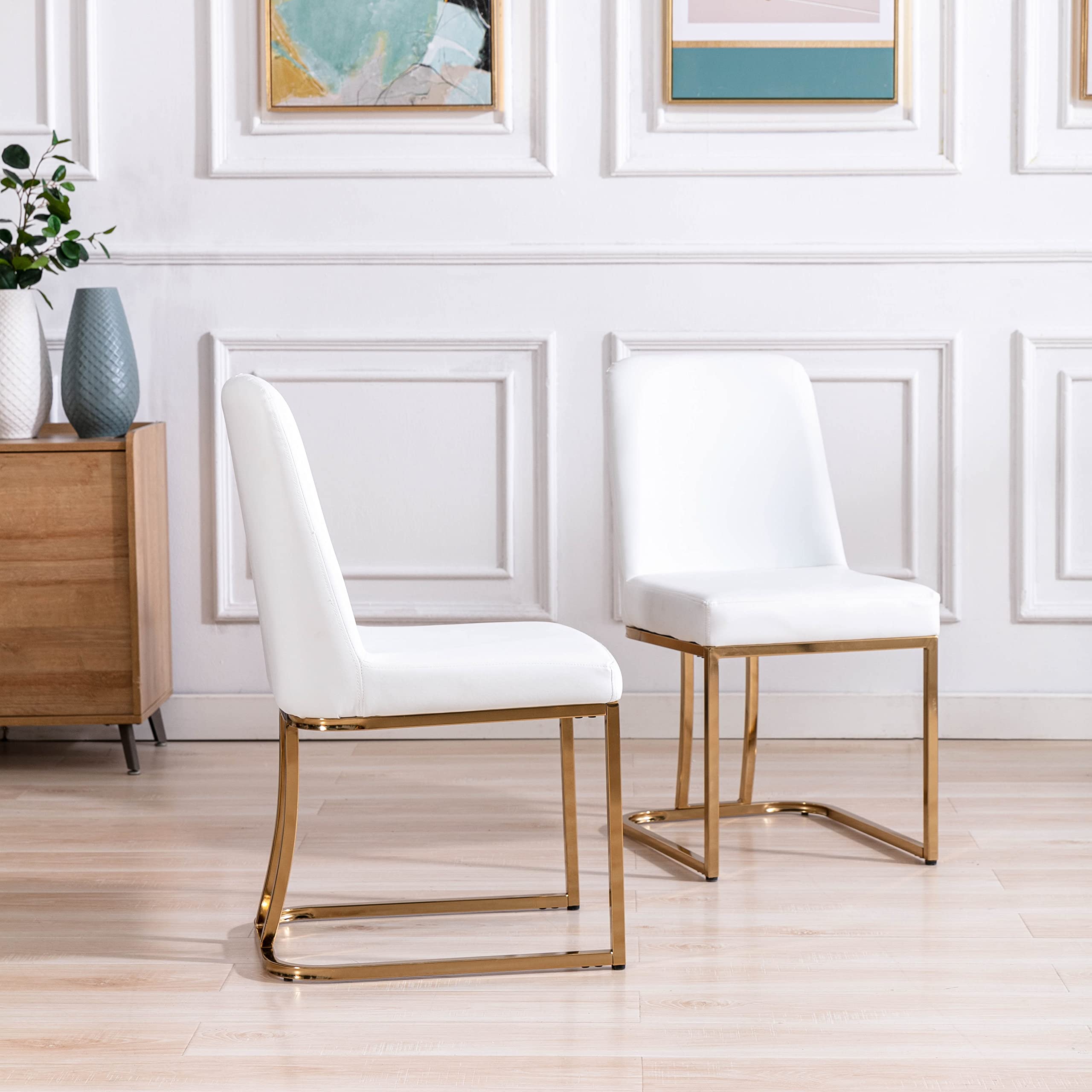 2-Piece Modern High Back Dining Chairs Set - Faux Leather Upholstered Armless Side Chairs for Dining Room & Living Room - White - Perfect for Small Spaces, Kitchen Nooks & Contemporary Home Decor