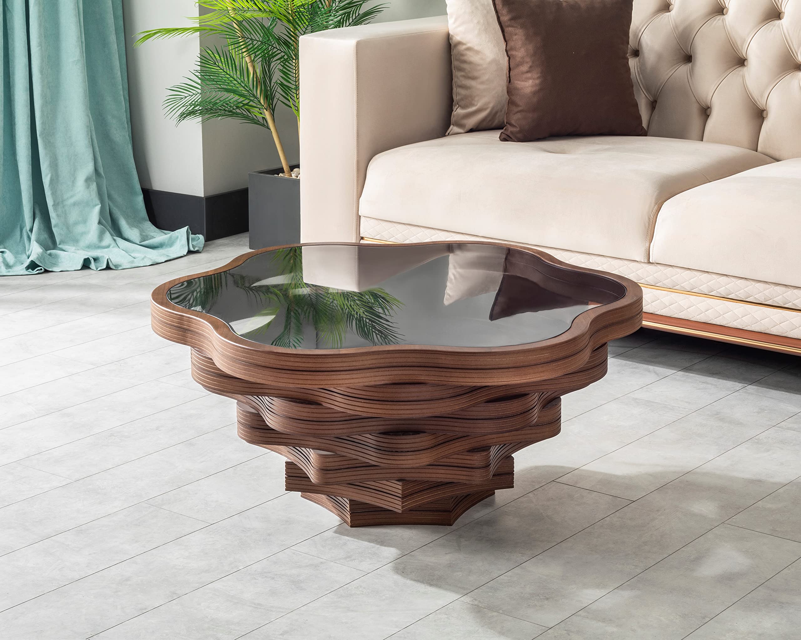 Papella Design Natural Walnut Veneer Coffee Table - Rustic Living Room Center Table with Glass Top, Walnut Color (Papatya) - Perfect for Modern Farmhouse, Apartment & Lounge Decor