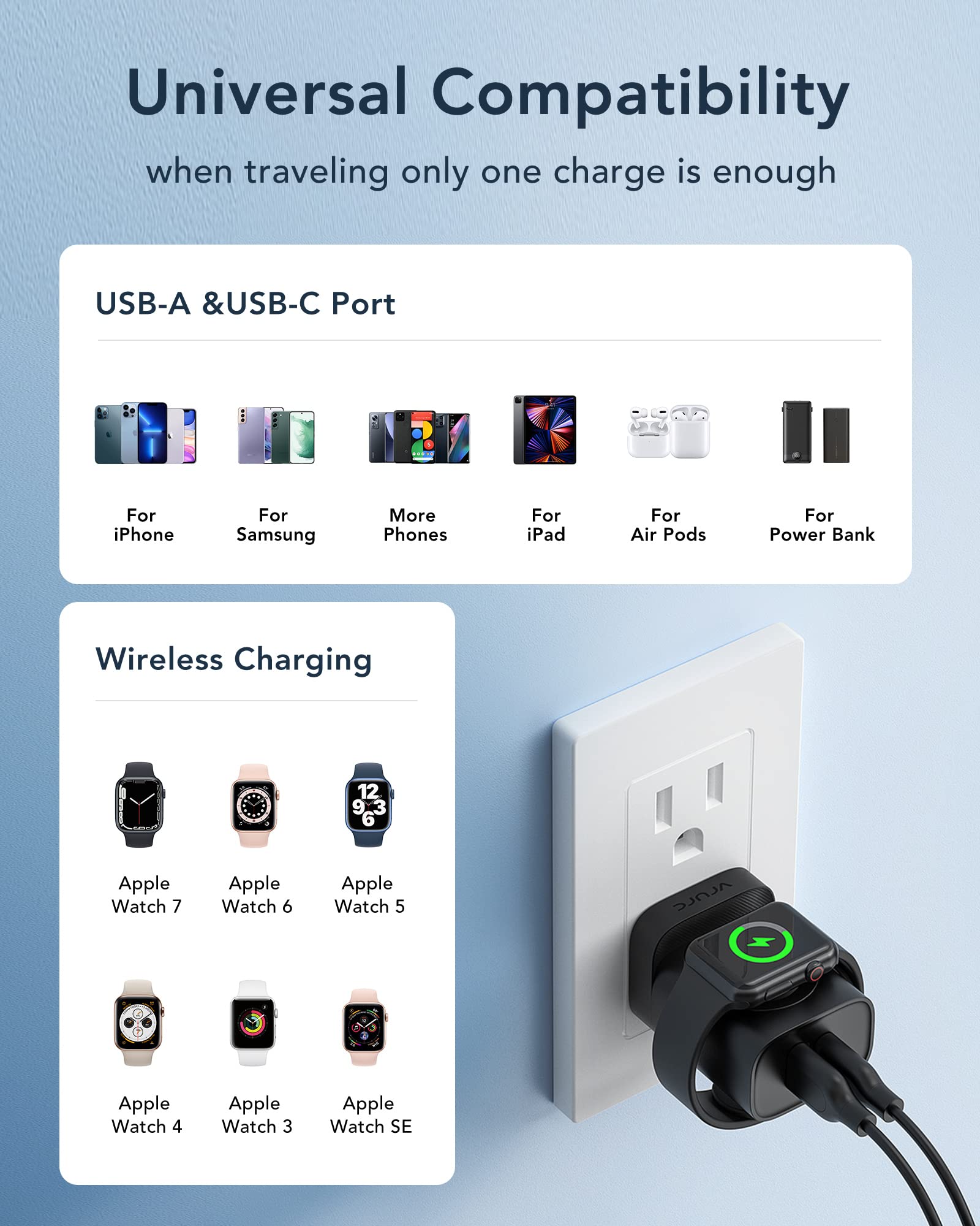 VRURC 3-in-1 Magnetic Wireless Charger for Apple Watch Ultra/SE/10/9/8/7/6/5/4/3/2/1, iPhone 16/15/14/13 & Android - 20W PD Fast Charging, Portable Travel Charging Block (Black) | Perfect for Home, Office & Travel Use