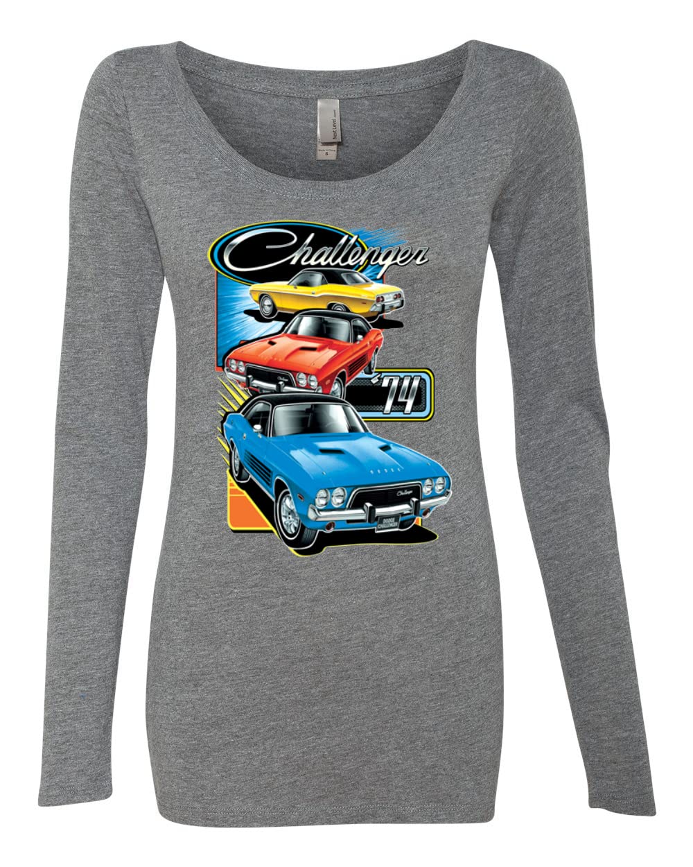 Vintage Dodge Challenger Retro 74 Car Print Women's Long Sleeve Scoop Neck T-Shirt - Casual Outfit, Car Enthusiast Gift, Automotive Fashion