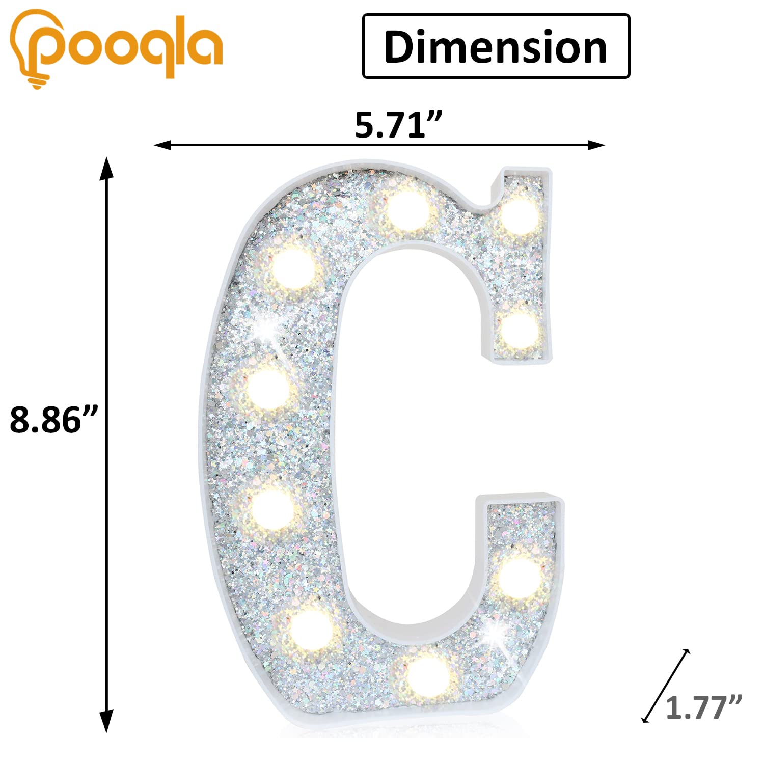 Pooqla Silver LED Marquee Letter C - Battery Powered Glitter Alphabet Light Sign for Home, Bar, Party & Wedding Decor - Perfect for Night Light, Birthday, Christmas & Girls Gifts