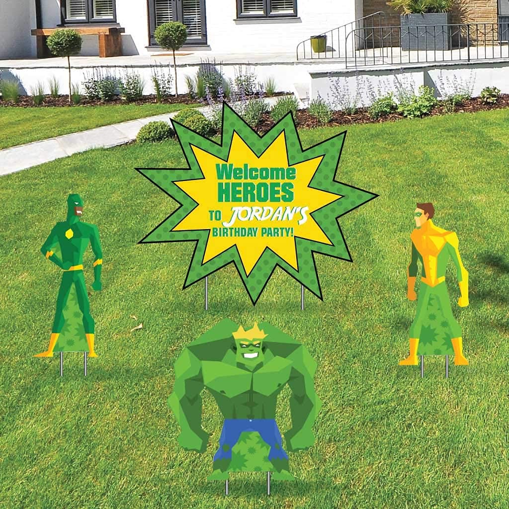 Super Hero Birthday Party Decorations Set - 4pcs Yard Signs with Stakes for Superhero & Superheroine Theme Parties | Outdoor & Indoor Birthday Decor for Kids, Adults, Comic Book Fans | Perfect for Superhero Themed Birthday Celebrations, Comic Con Events & Cosplay Parties