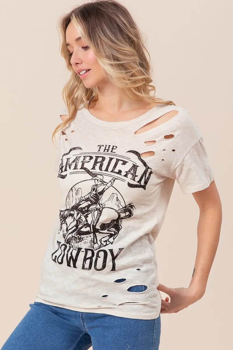 BiBi Cotton Slub Laser Top - Vintage American Cowboy Graphic Tee for Men & Women | Casual Streetwear, Western Style Fashion, Music Festival Outfit