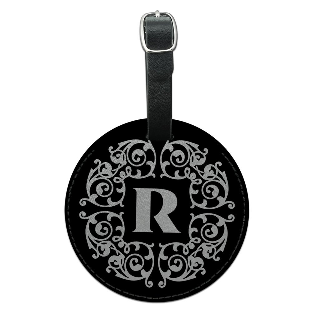 Personalized Letter R Initial Leather Luggage Tag - Black & White Scroll Design for Suitcases, Bags & Travel Accessories - Perfect for Identification & Style While Traveling