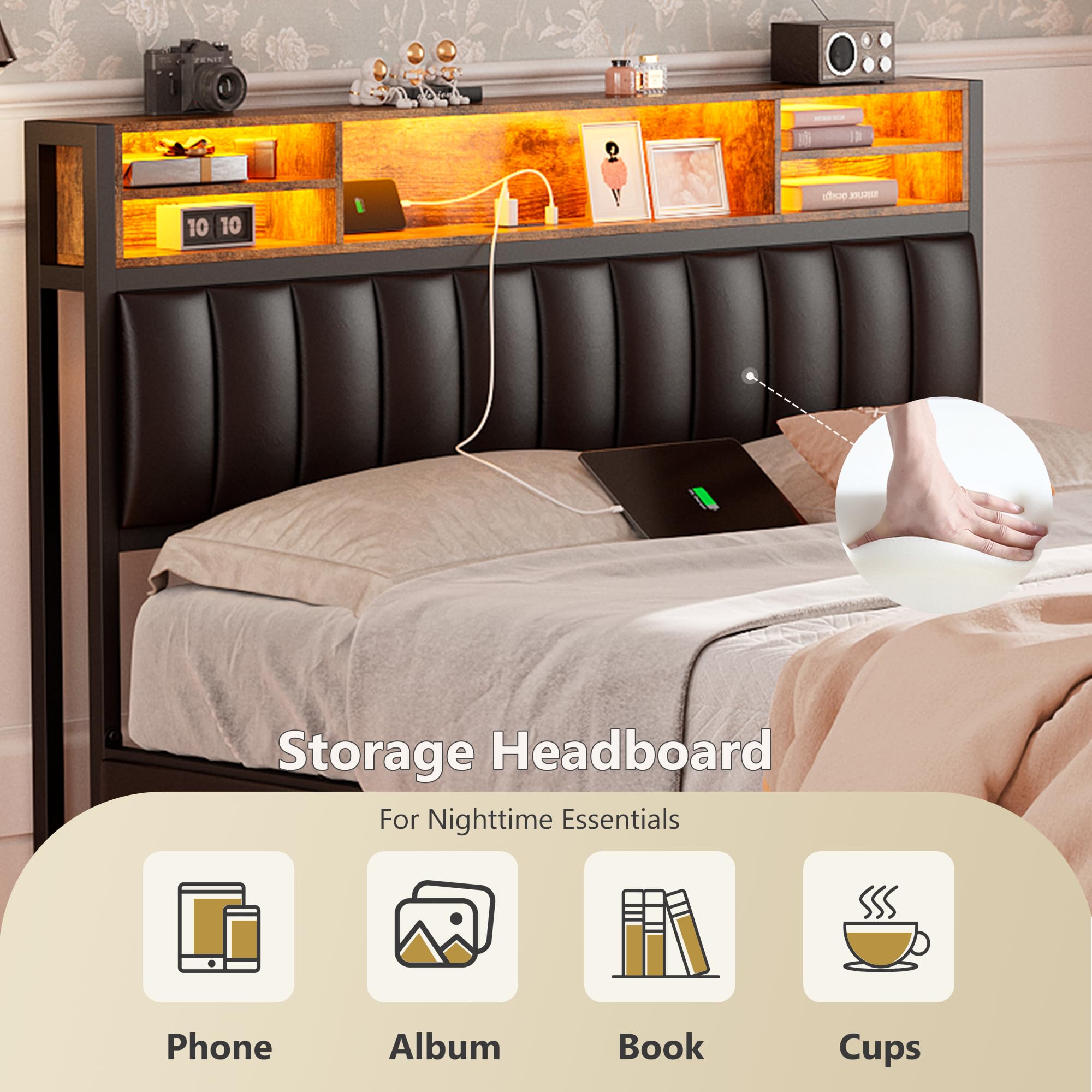 Alohappy Queen Size Upholstered Platform Bed Frame with 4 Storage Drawers, Bookcase Headboard, USB-C/USB Charging Station & LED Lights - No Box Spring Needed - Modern Black Bedroom Furniture for Small Spaces & Studio Apartments