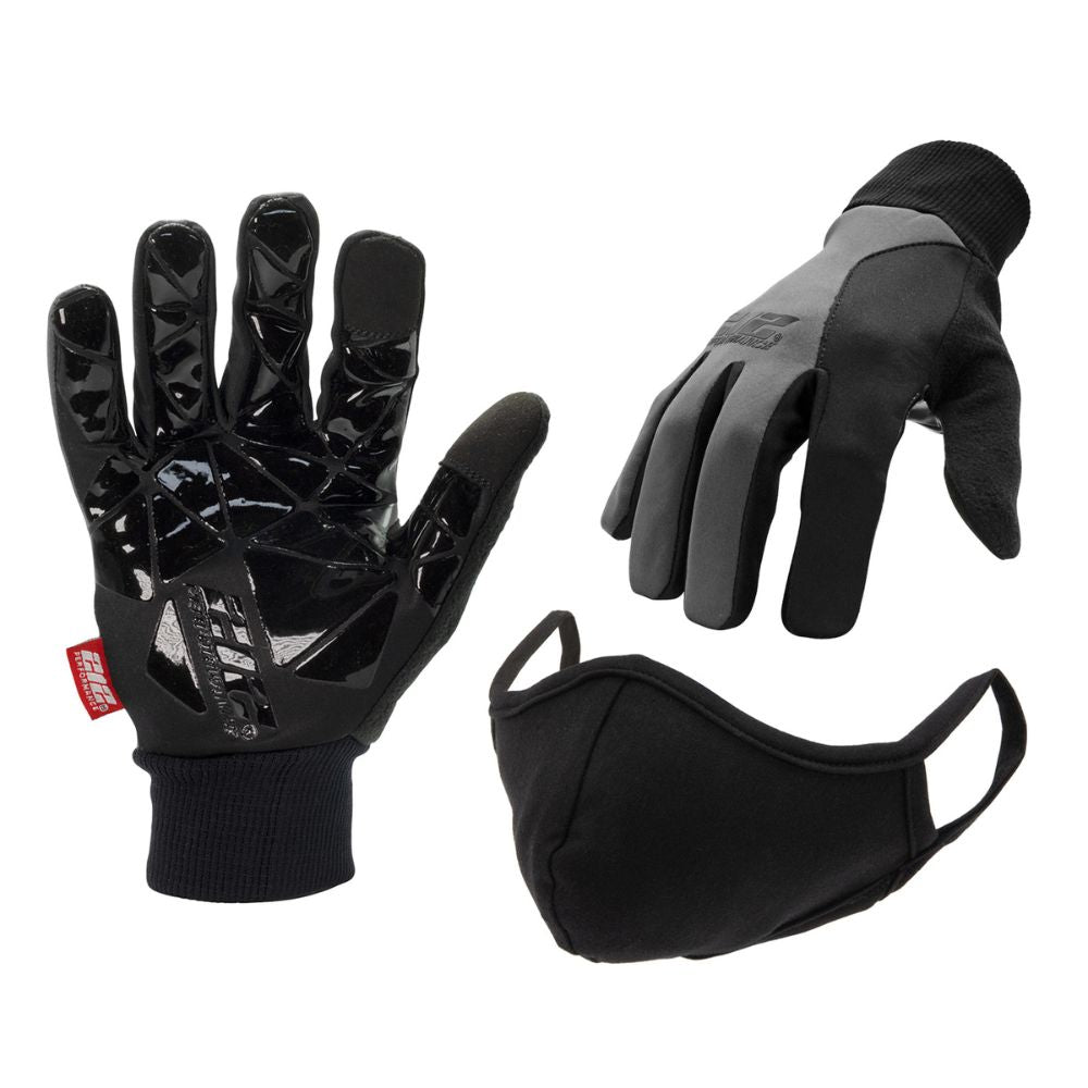 212 Performance TEJG 0611 MK Touchscreen Compatible Silicone Palm Winter Gloves with Cotton Face Mask Combo - XL Black & Gray for Running, Hiking, and Outdoor Activities