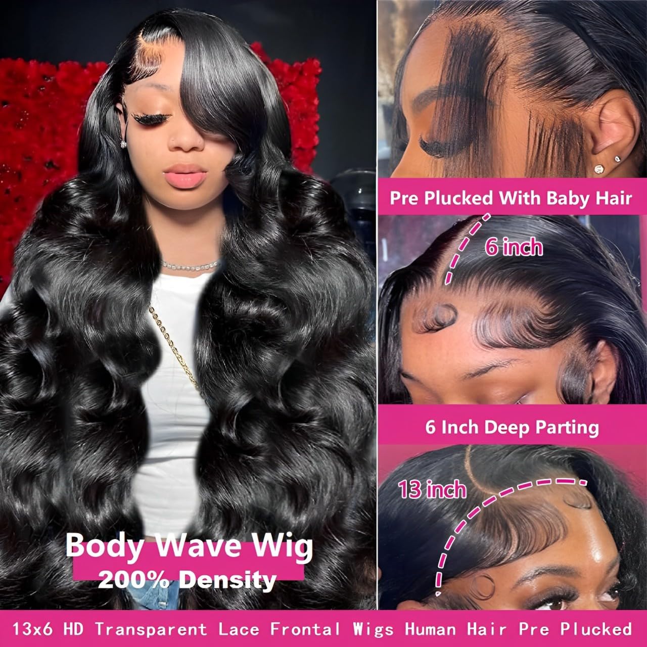 30 Inch 13x6 HD Lace Front Wig - 100% Virgin Human Hair, 200% Density Body Wave, Pre-Plucked Natural Color, Glueless & Breathable for Women | Perfect for Daily Wear, Cosplay, Weddings & Special Occasions