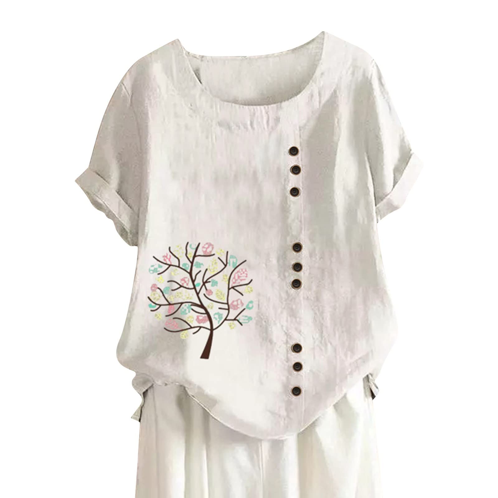 Women's Floral Printed Cotton Linen Tunic Top - Short Sleeve Crew Neck Casual Blouse for Summer, Beach & Everyday Wear