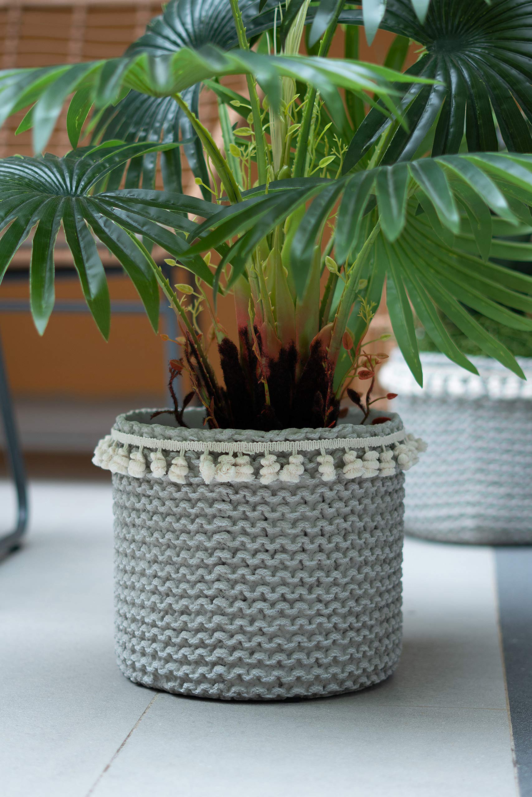 Bohemian Style Woven Cement Flower Pot Basket - Indoor/Outdoor Planters (14x14x13 & 10x10x9 inches) - A&B Home Garden Decor for Living Room, Patio & Balcony